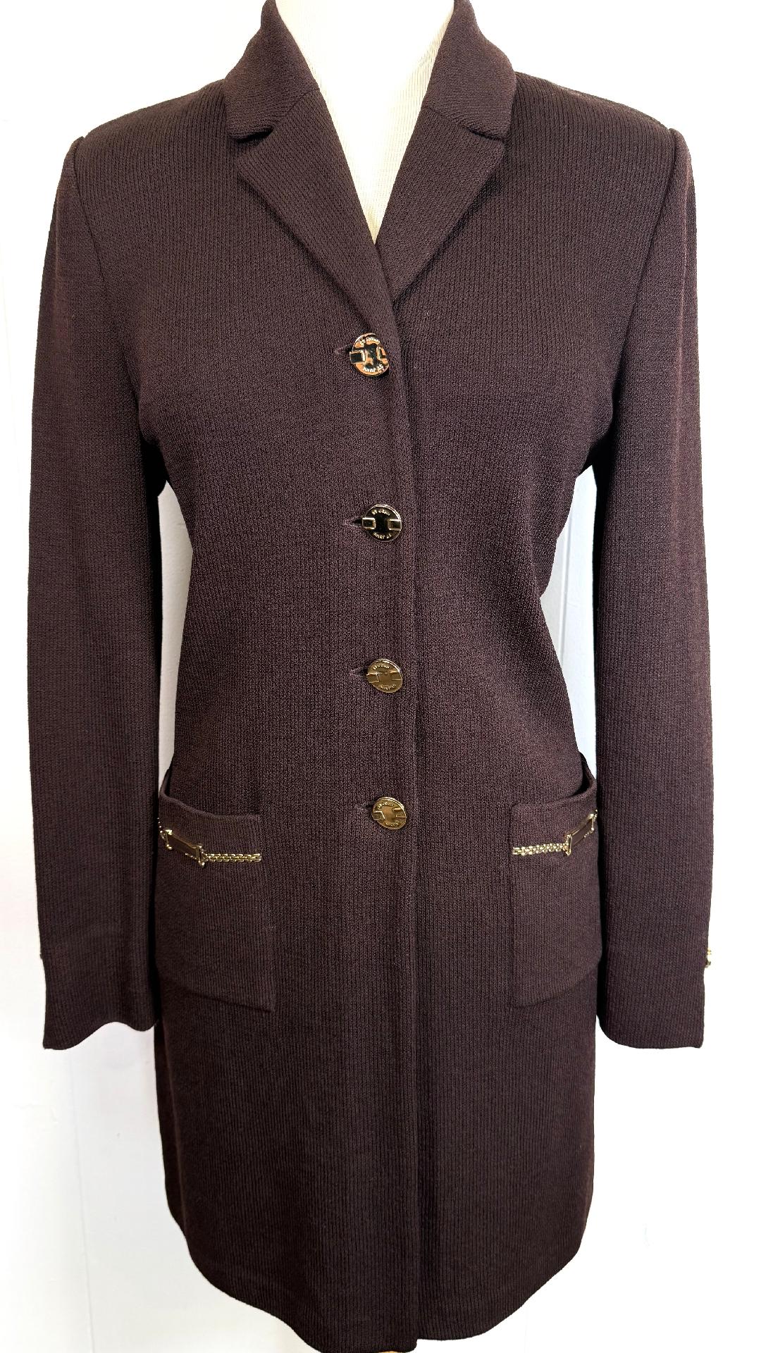 St. John Brown Santana Knit Coat – Gold Logo Buttons – Chain Detail – Size 8