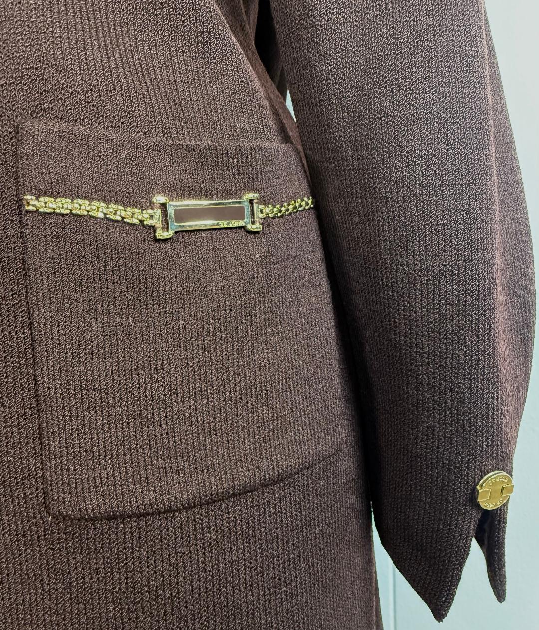St. John Brown Santana Knit Coat – Gold Logo Buttons – Chain Detail – Size 8