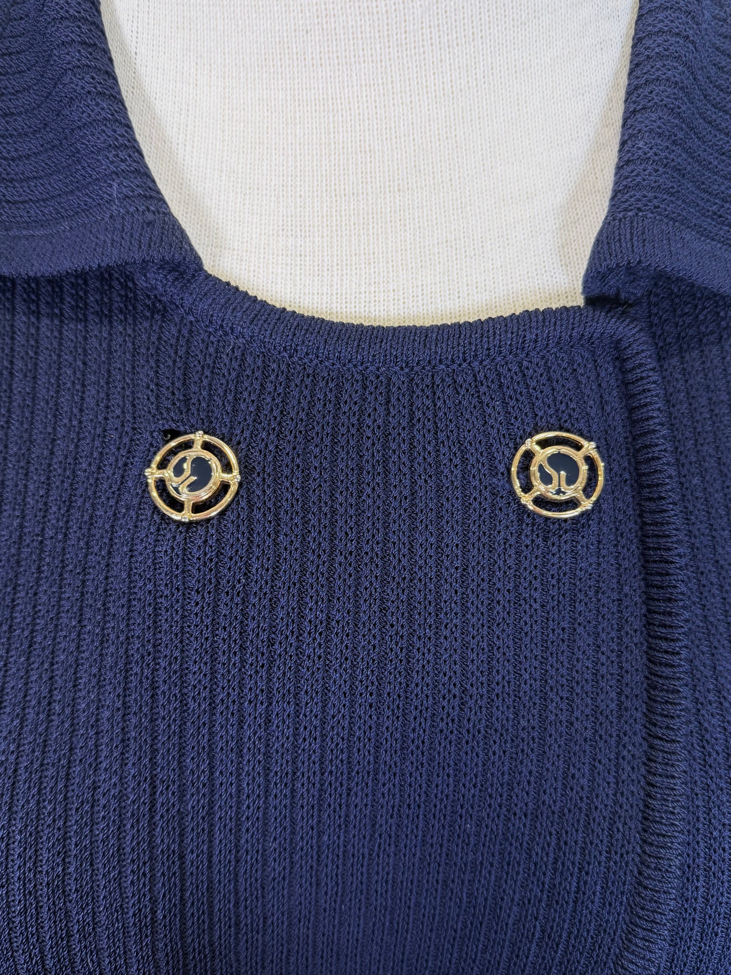 St John Classic Navy Double-Breasted Coat – Gold Logo Buttons – Size 12