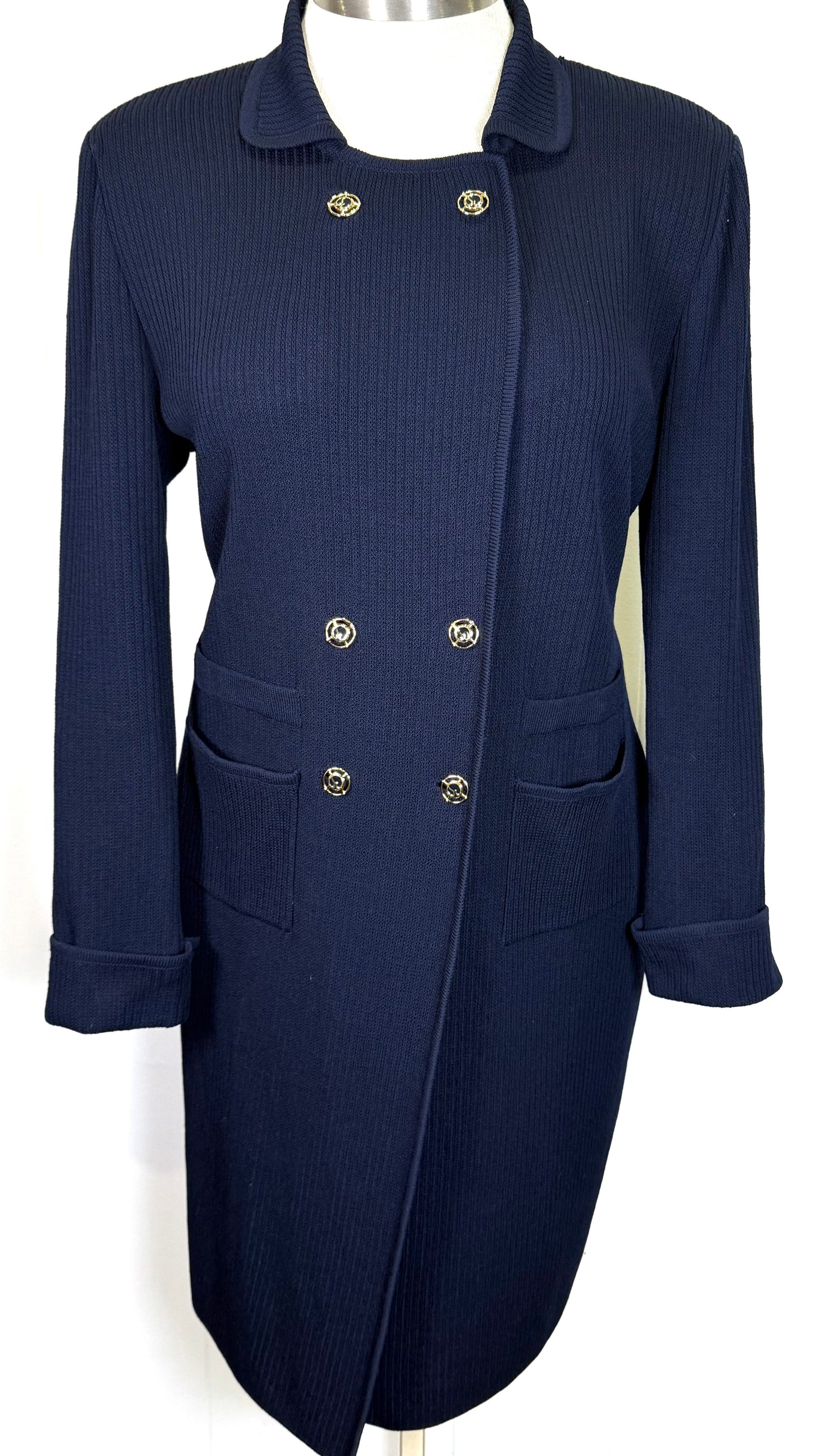 St John Classic Navy Double-Breasted Coat – Gold Logo Buttons – Size 12
