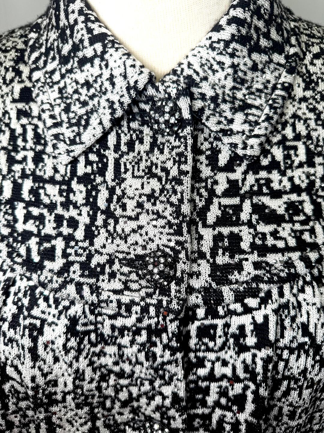 St. John Black & White Textured Wool-Blend Coat – Crystal Paillettes & Buttons – Size 12