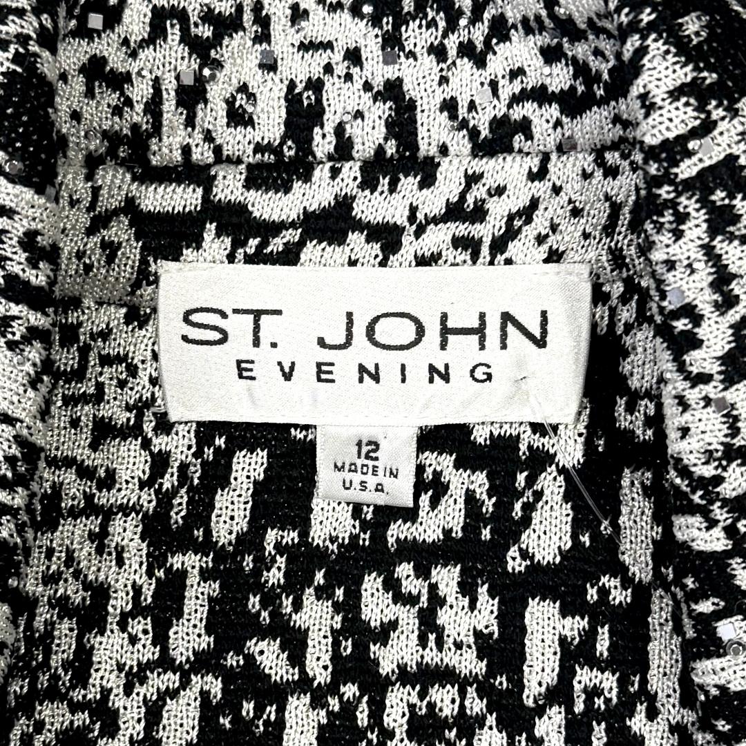 St. John Black & White Textured Wool-Blend Coat – Crystal Paillettes & Buttons – Size 12