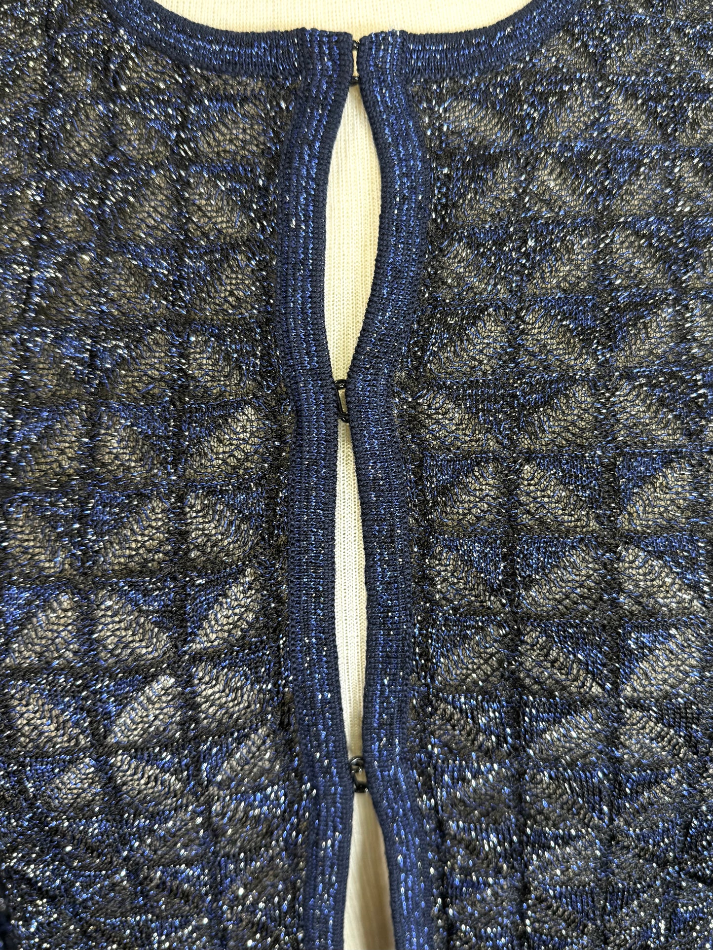 St. John Black, Blue & Silver Textured Knit Evening Coat/Duster – Lightweight Open Style – NWT $1,395 – Size M