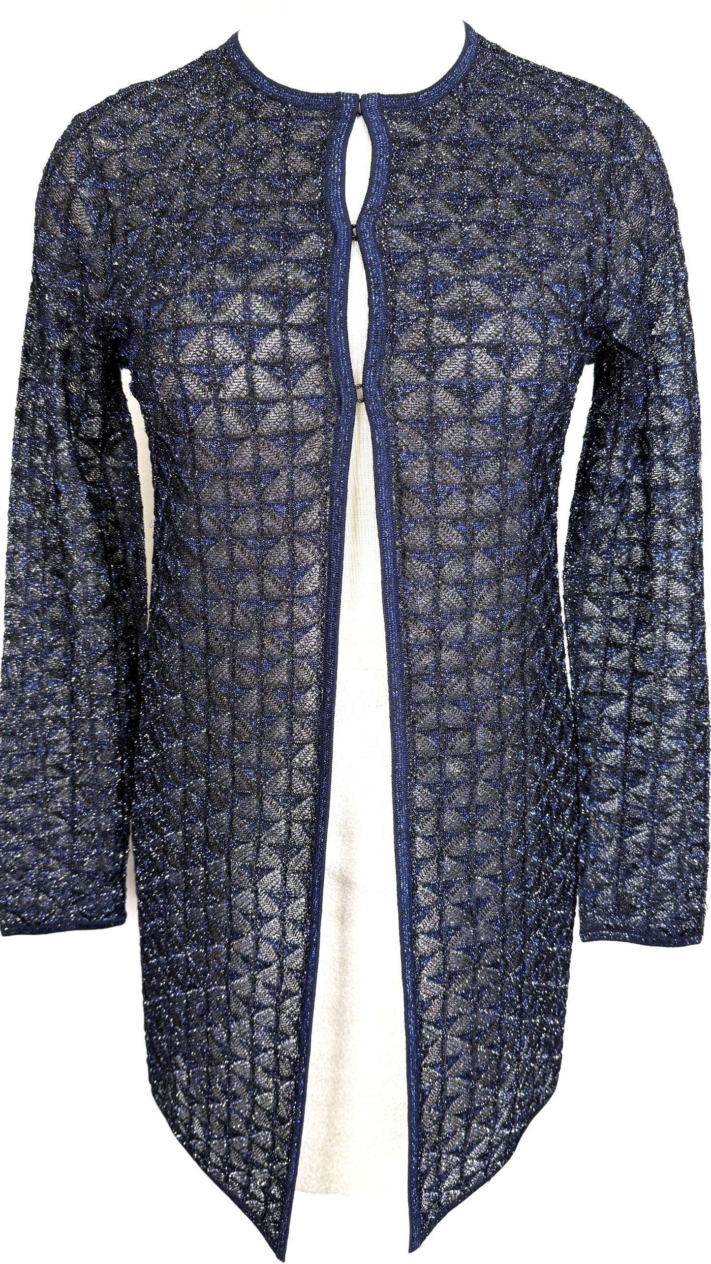 St. John Black, Blue & Silver Textured Knit Evening Coat/Duster – Lightweight Open Style – NWT $1,395 – Size M