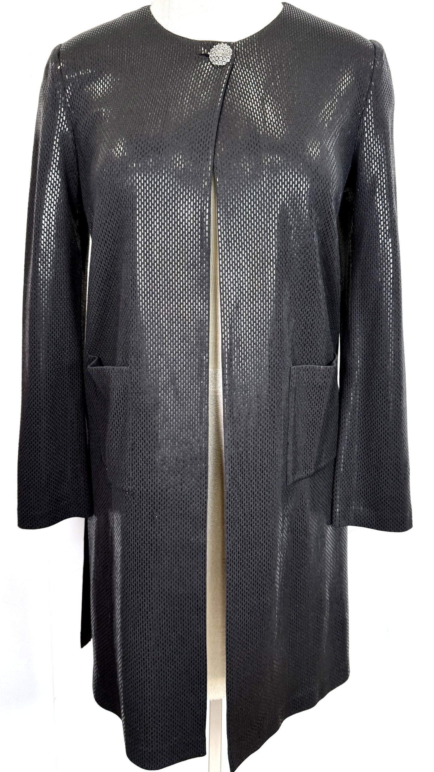 St. John Couture Black Evening Coat with Shimmering Paillettes – Open Style – Size 12
