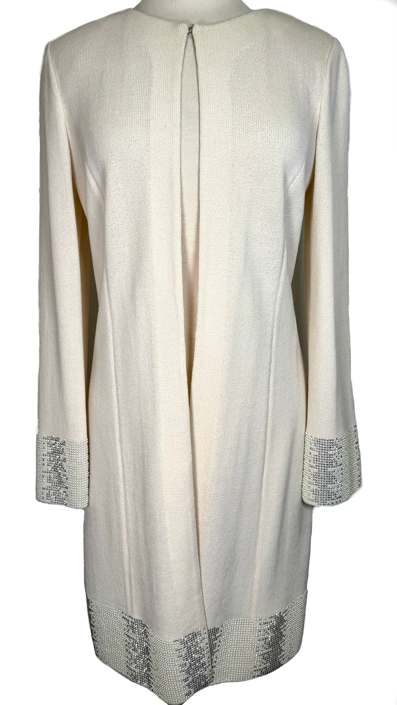 St. John Off-White Santana Knit Coat – Silver & Pearl Paillettes – Elegant Evening Glow – Size 6