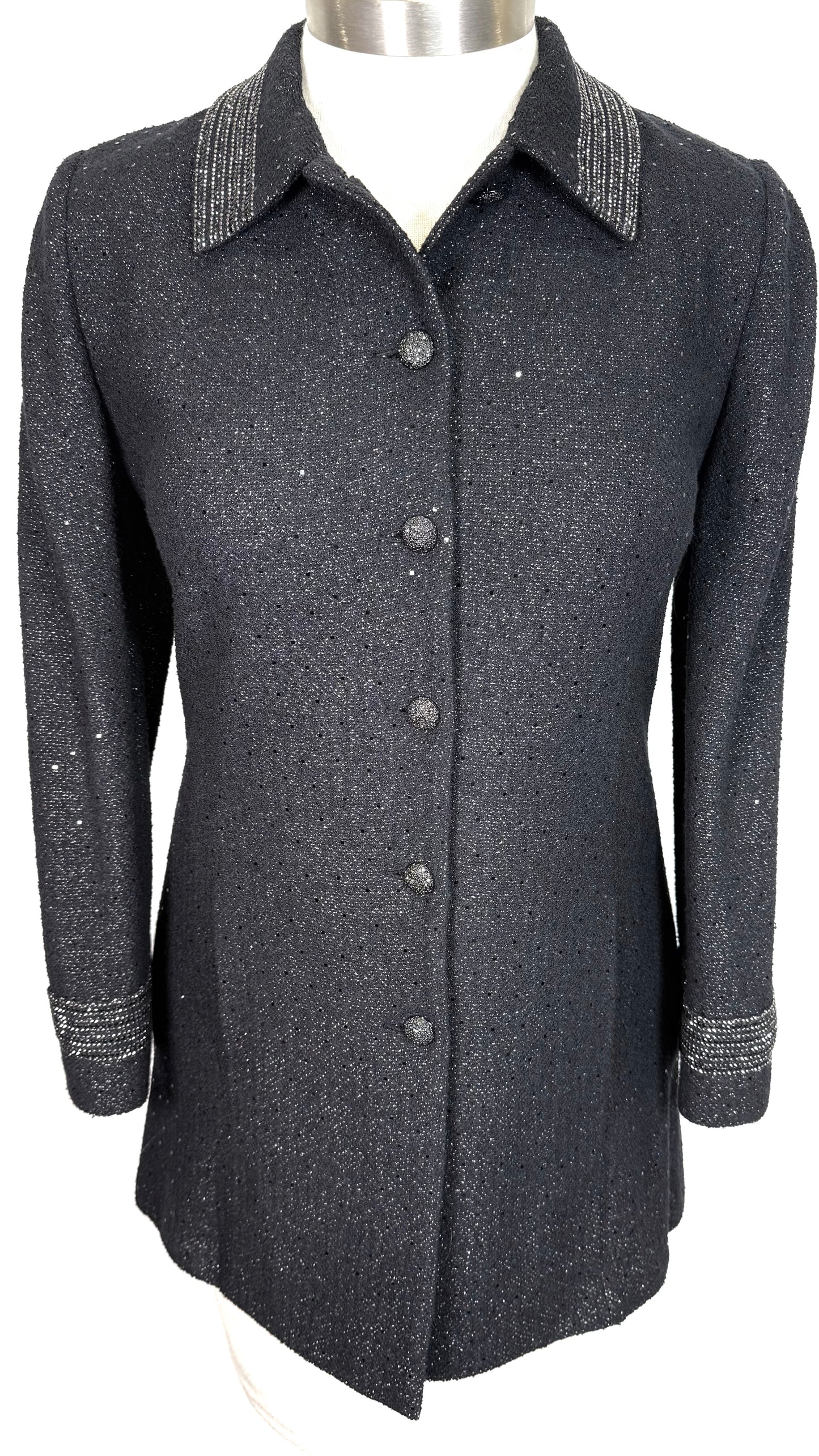 St. John Black Shimmer Wool Blend Coat – Paillettes & Crystal Buttons – Size 10