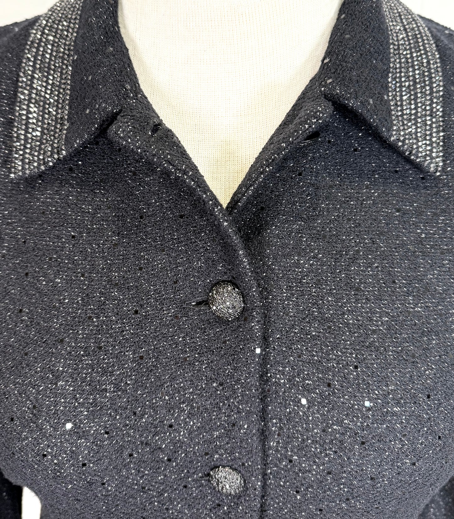 St. John Black Shimmer Wool Blend Coat – Paillettes & Crystal Buttons – Size 10