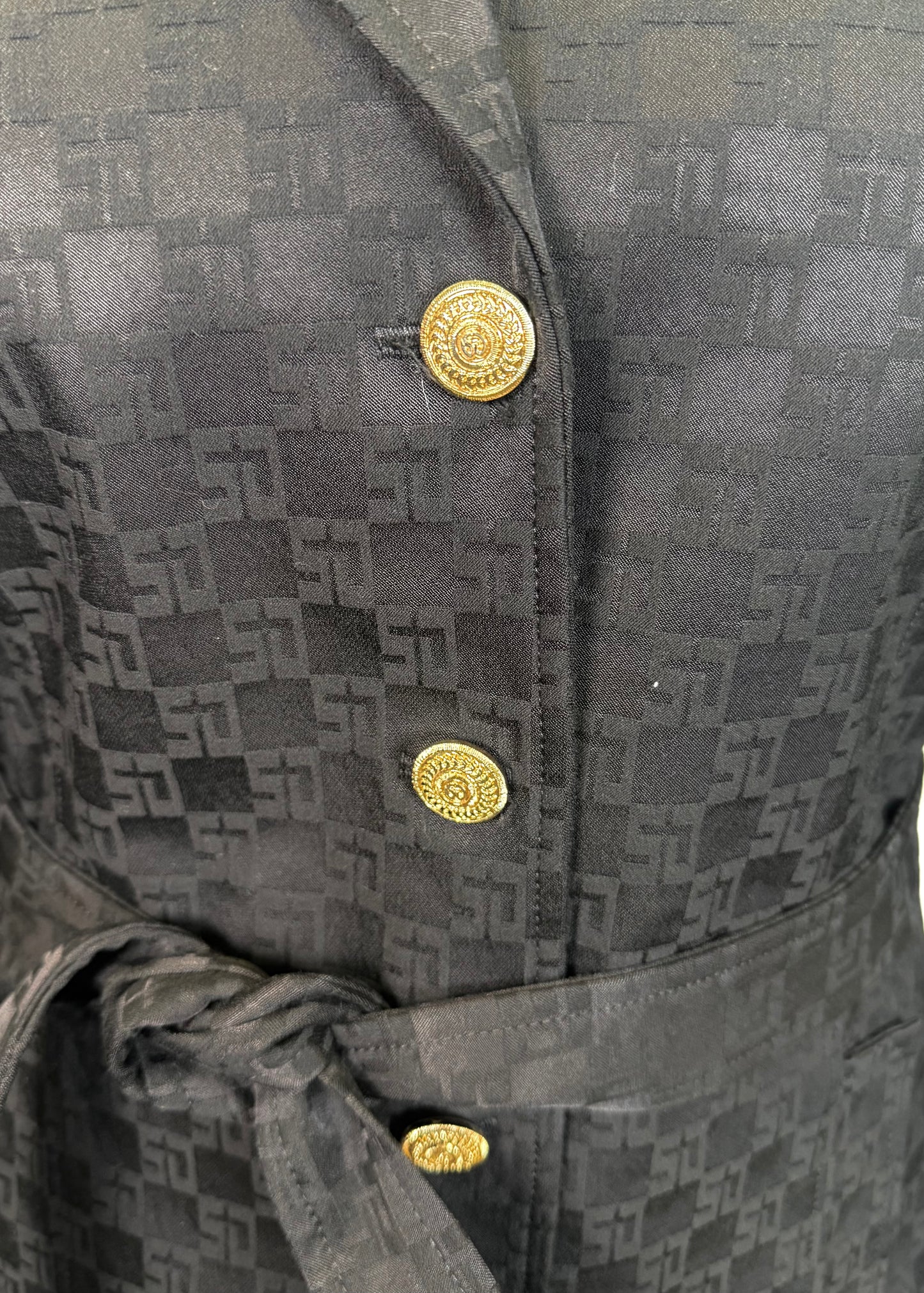 St. John Black Logo Fabric Coat – Gold Logo Buttons & Belted Style - NWT - Size L