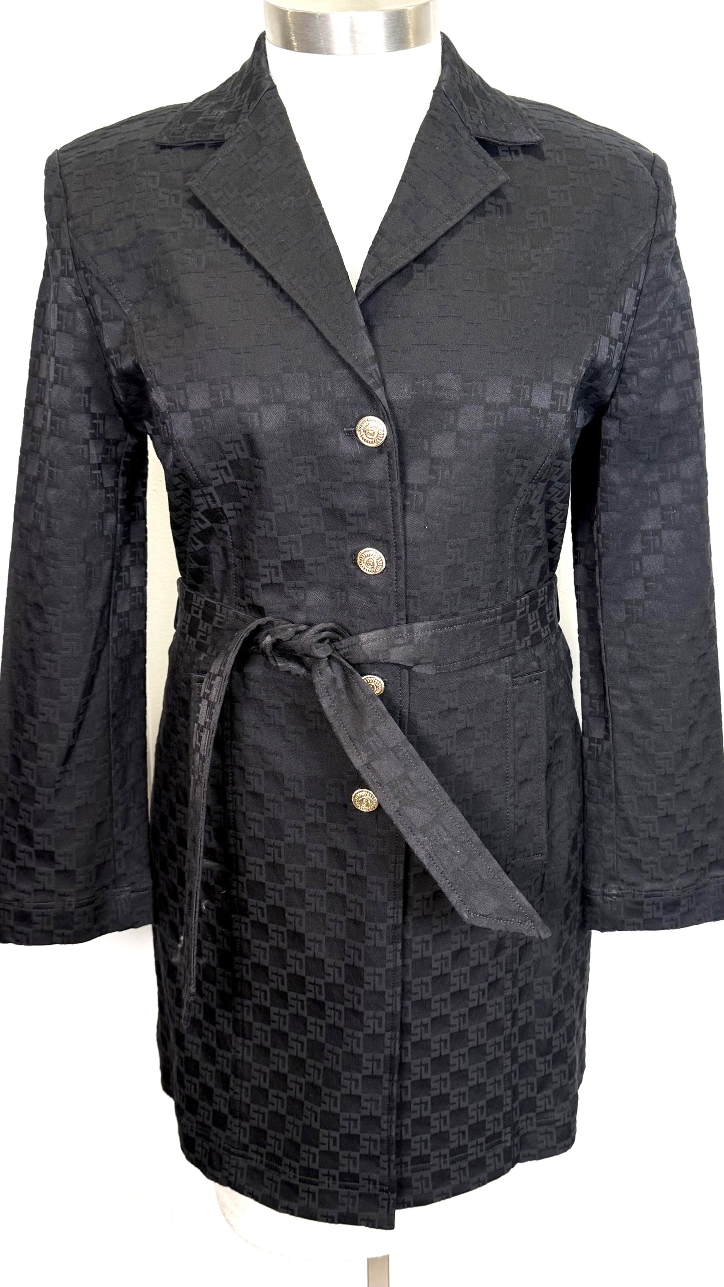 St. John Black Logo Fabric Coat – Gold Logo Buttons & Belted Style - NWT - Size L