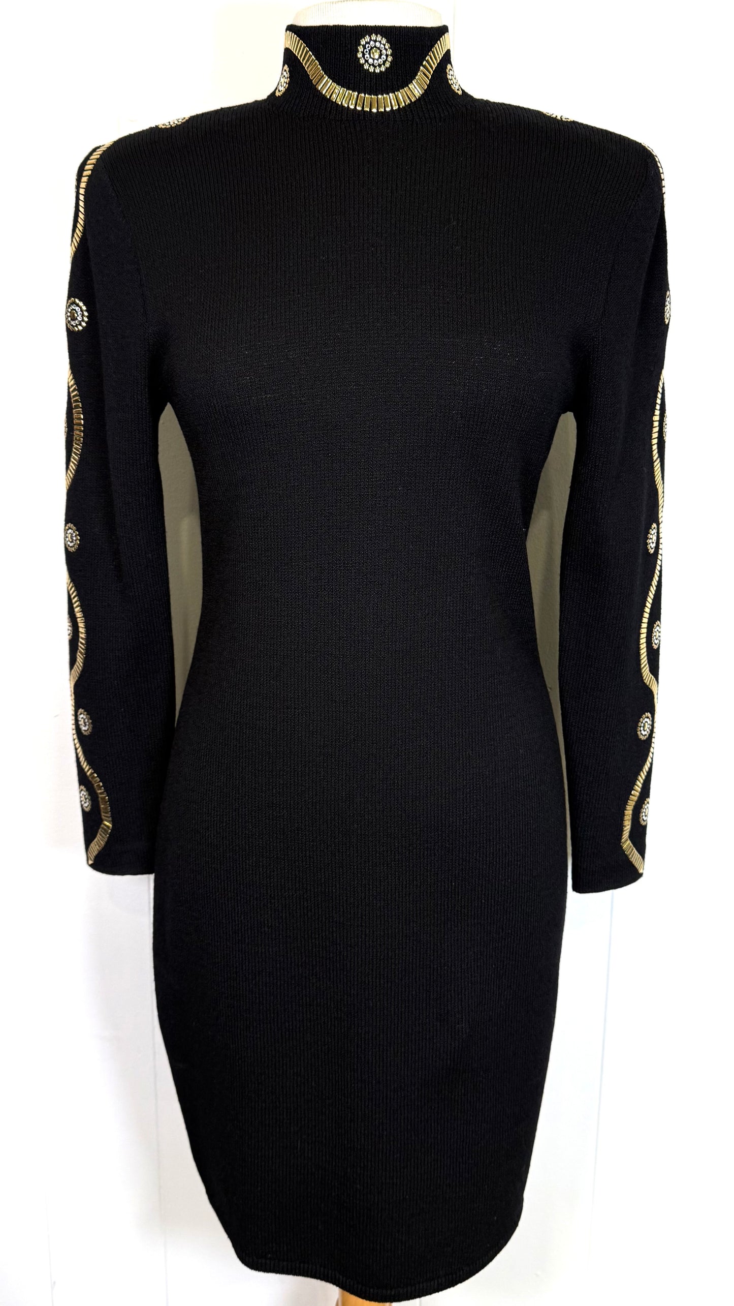 St. John Black Santana Knit Dress – Gold & Crystal Paillettes – Size 6