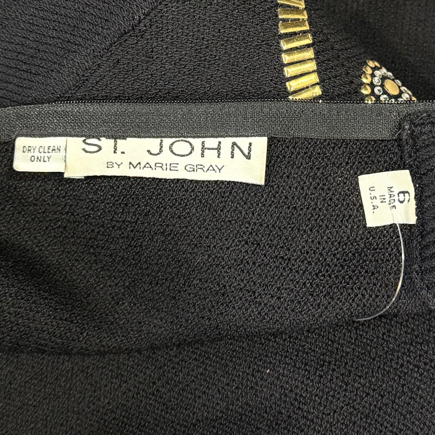 St. John Black Santana Knit Dress – Gold & Crystal Paillettes – Size 6