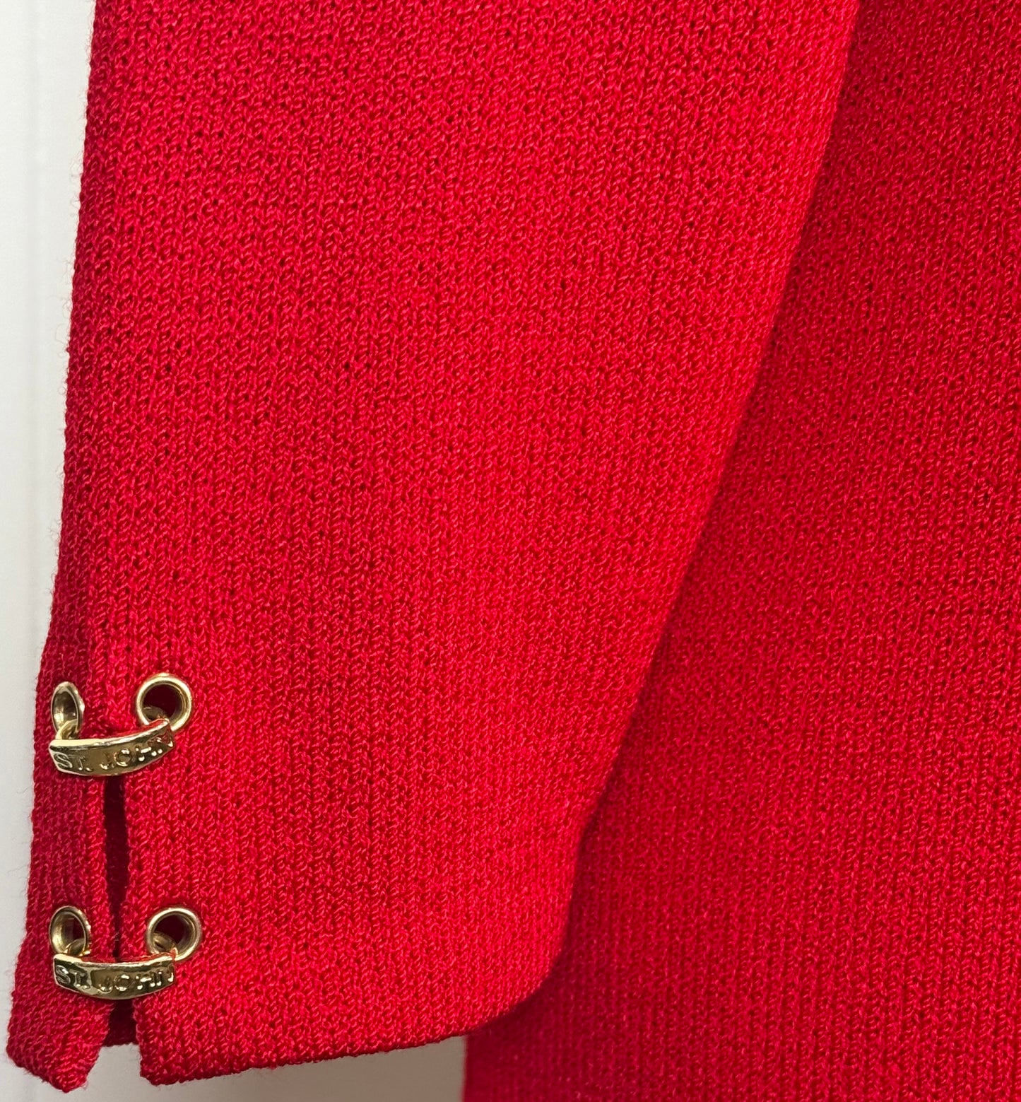 St. John Red Santana Knit Dress – Gold Logo Detail – Size 10