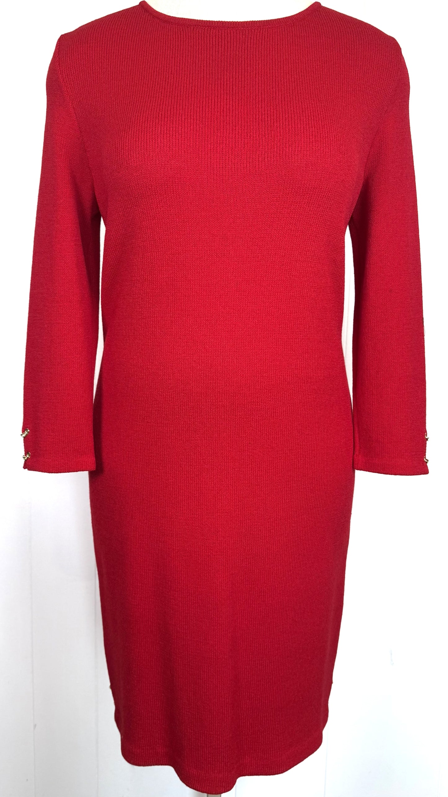 St. John Red Santana Knit Dress – Gold Logo Detail – Size 10