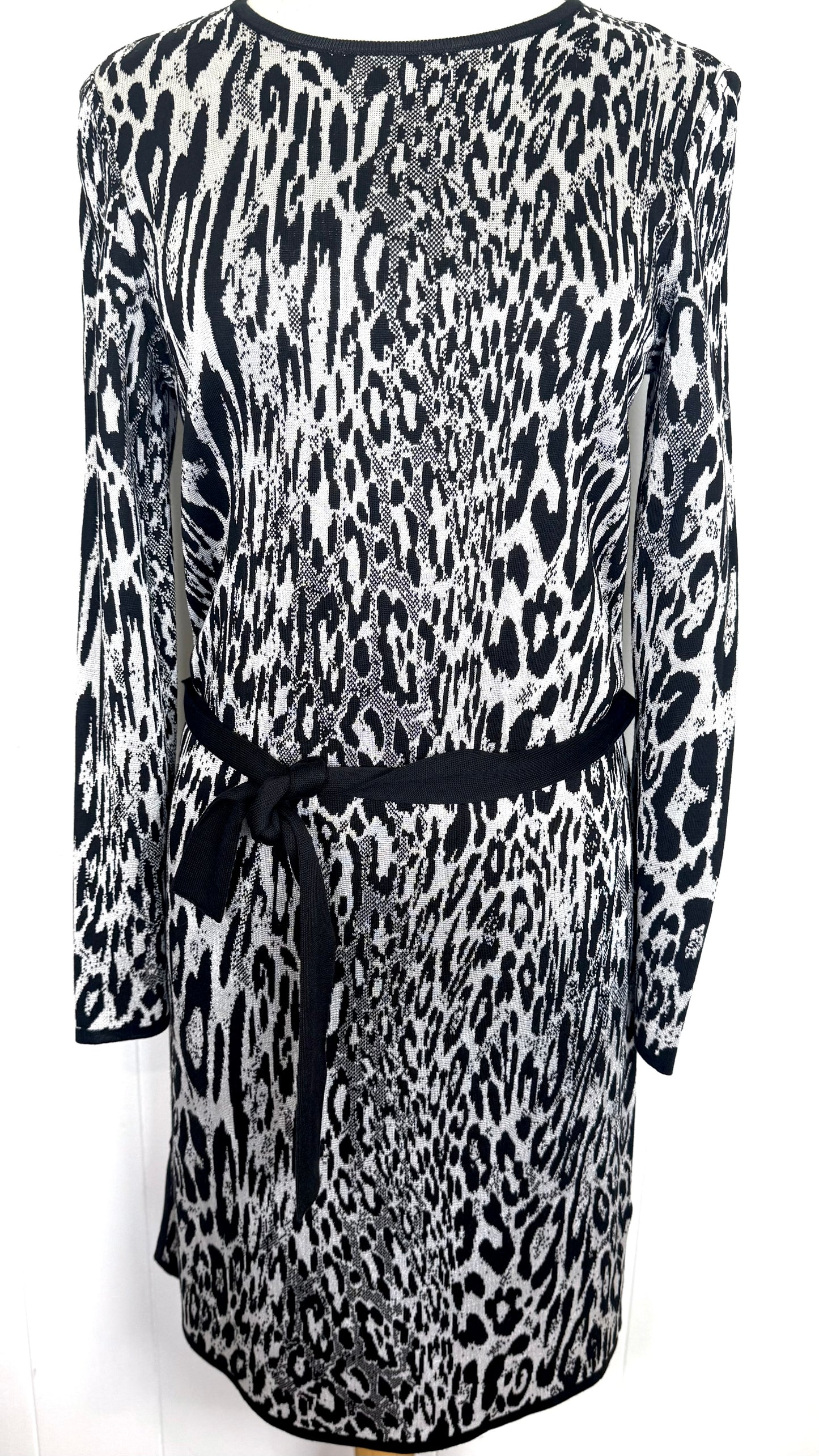 St. John Black & White Shimmer Knit Dress – Belted Style – Size 6