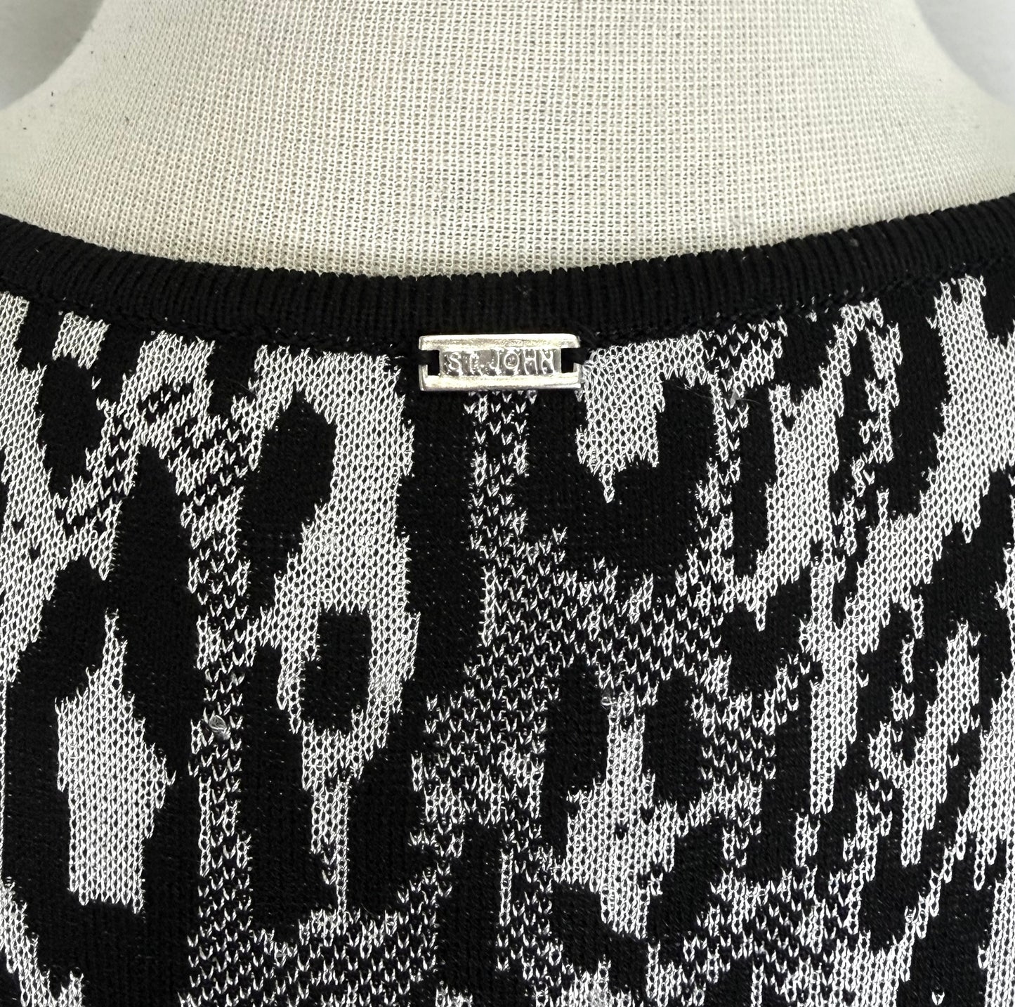 St. John Black & White Shimmer Knit Dress – Belted Style – Size 6