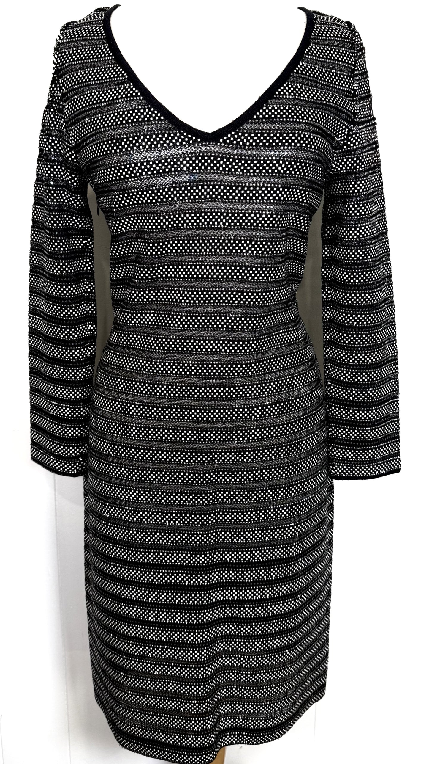 St. John Black Santana Knit Evening Dress – Crystal & Silver Paillettes – Size 6