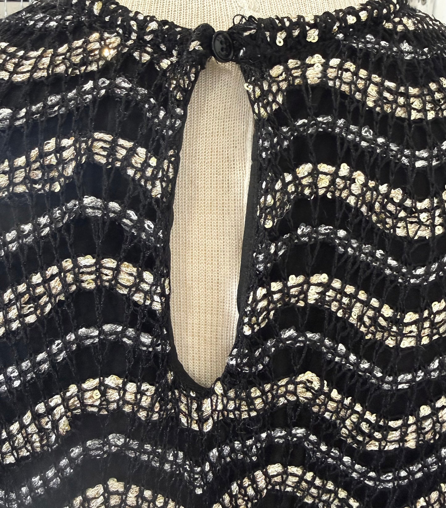 St. John Black, Gold & Silver Striped Evening Dress – Open Stitch Knit – NWT – Size 16