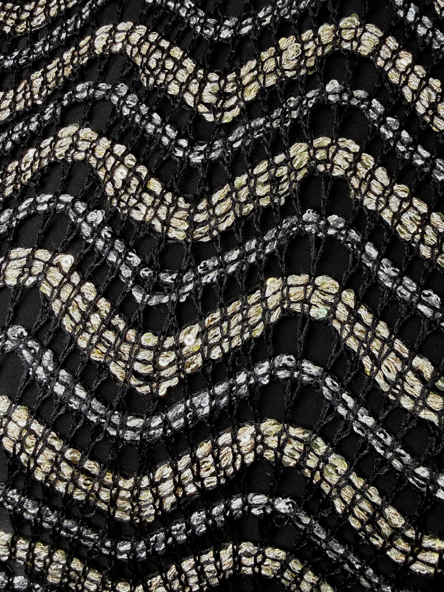 St. John Black, Gold & Silver Striped Evening Dress – Open Stitch Knit – NWT – Size 16