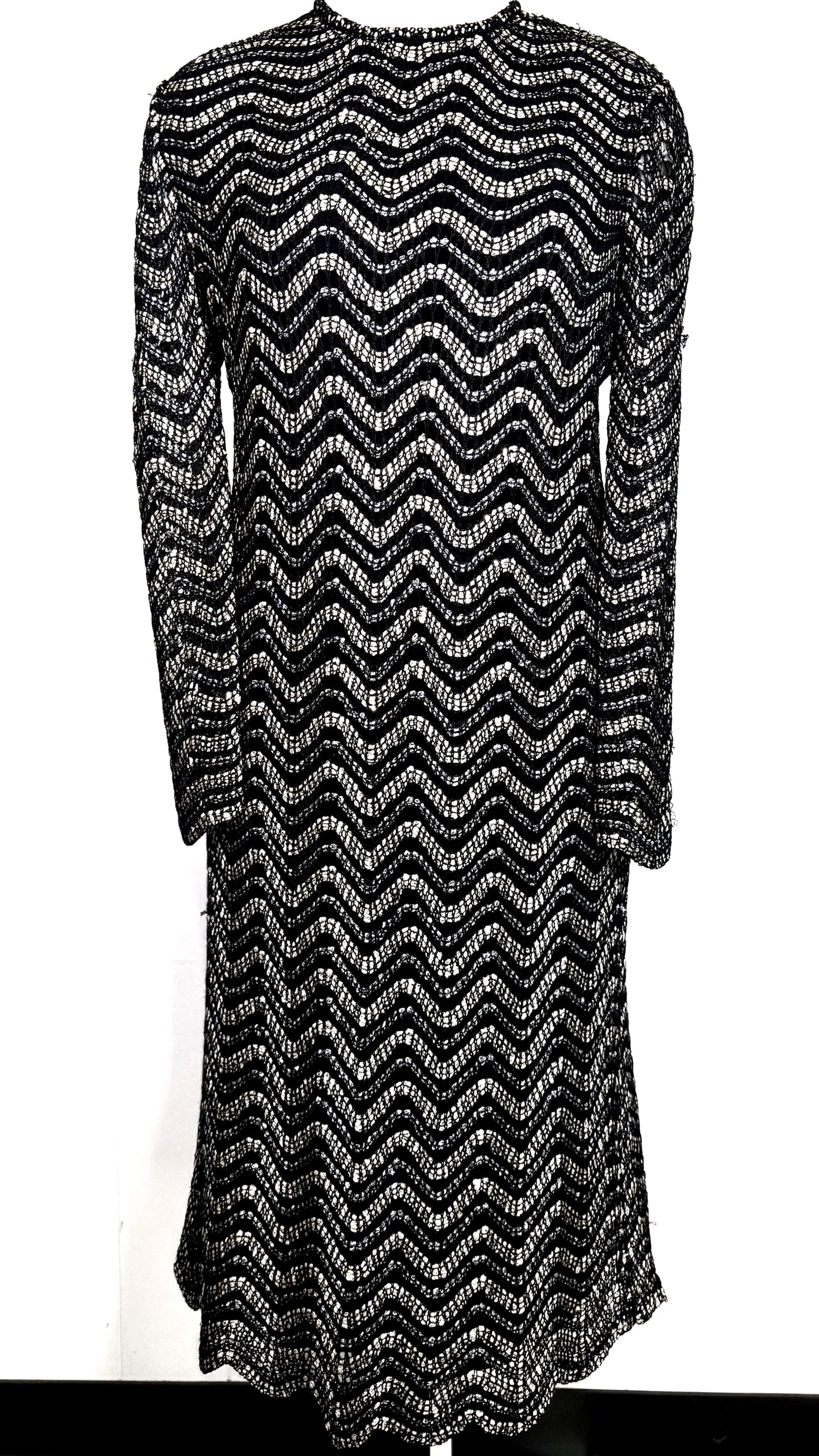 St. John Black, Gold & Silver Striped Evening Dress – Open Stitch Knit – NWT – Size 16