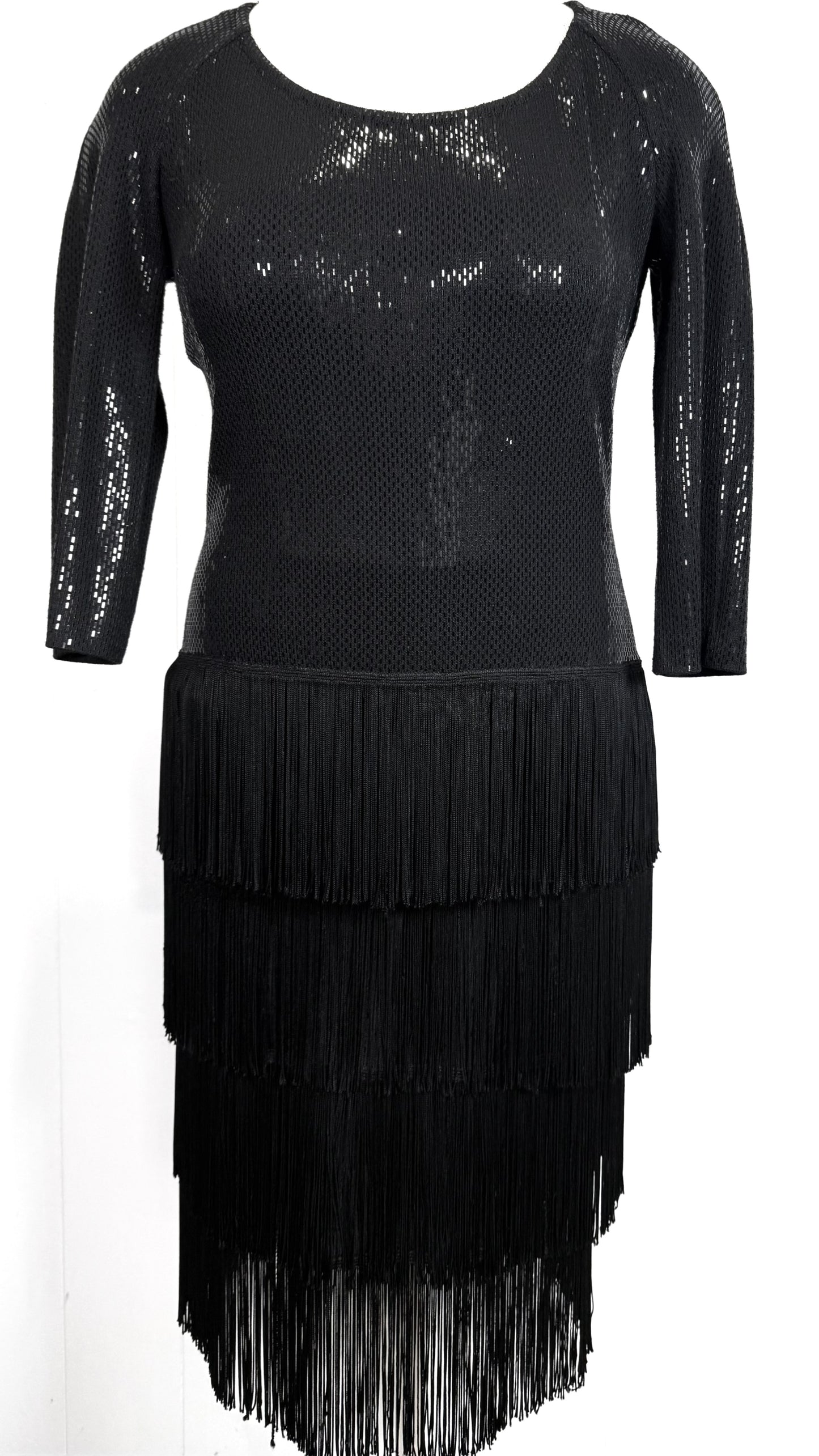 St. John Black Santana Knit Fringe Dress – Shiny Paillettes – Size 10