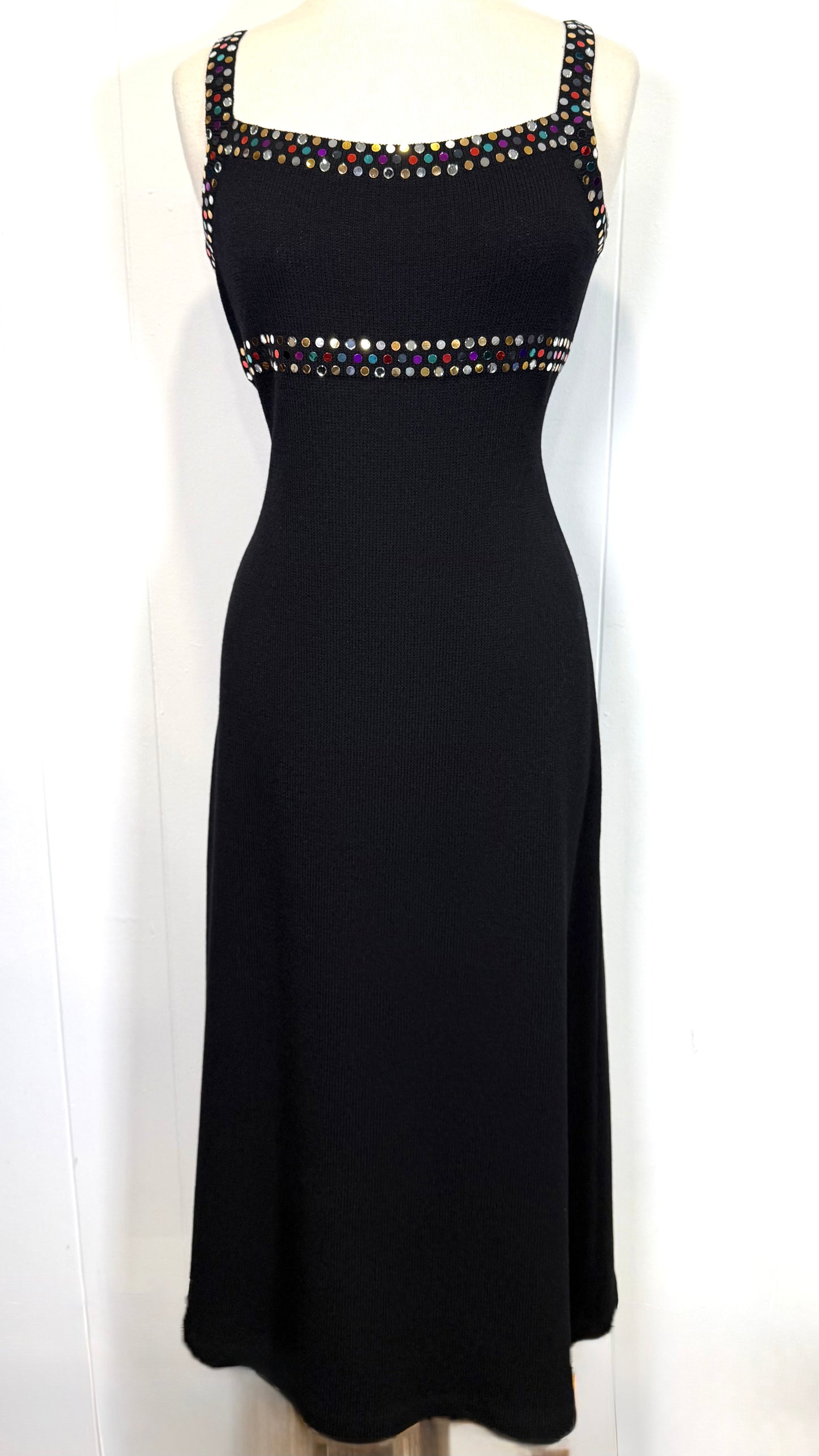 St. John Black Santana Knit Evening Dress – Multi-Color Circle Paillettes Size 6