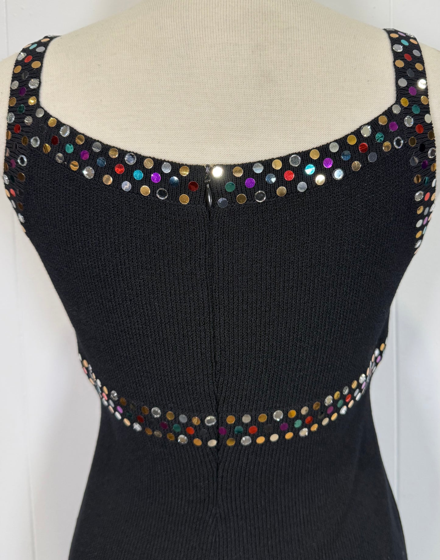 St. John Black Santana Knit Evening Dress – Multi-Color Circle Paillettes Size 6