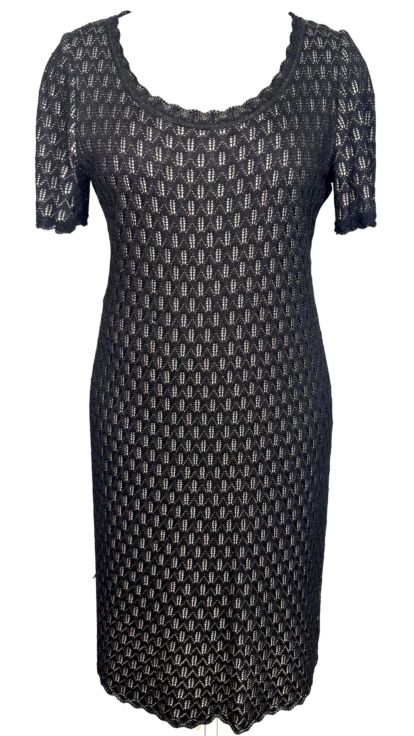 St. John Black Shimmer Knit Dress – Scalloped Neckline – Size 14