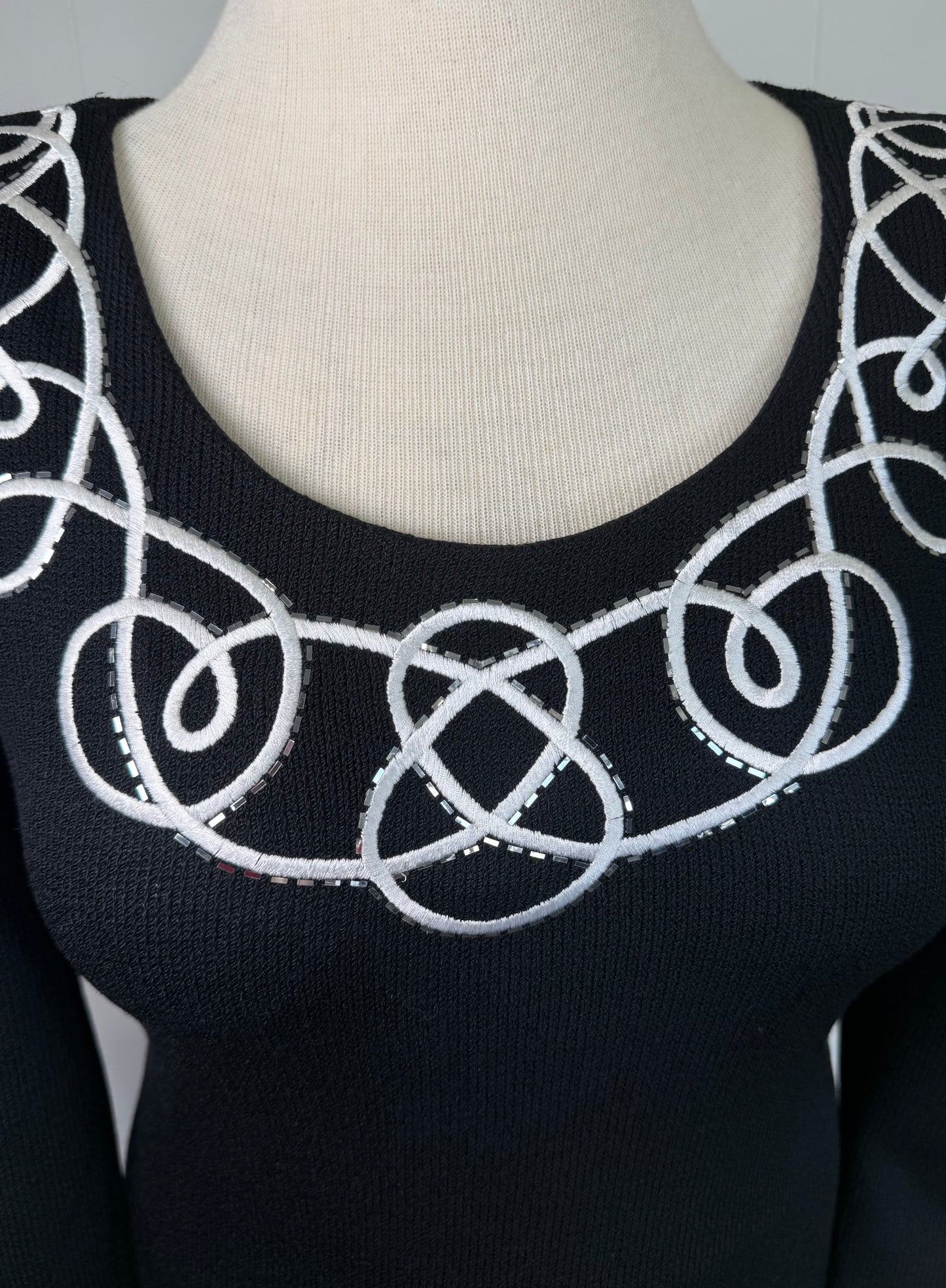 St. John Black Santana Knit Evening Dress – Embroidered Trim & Silver Paillettes – Size 4