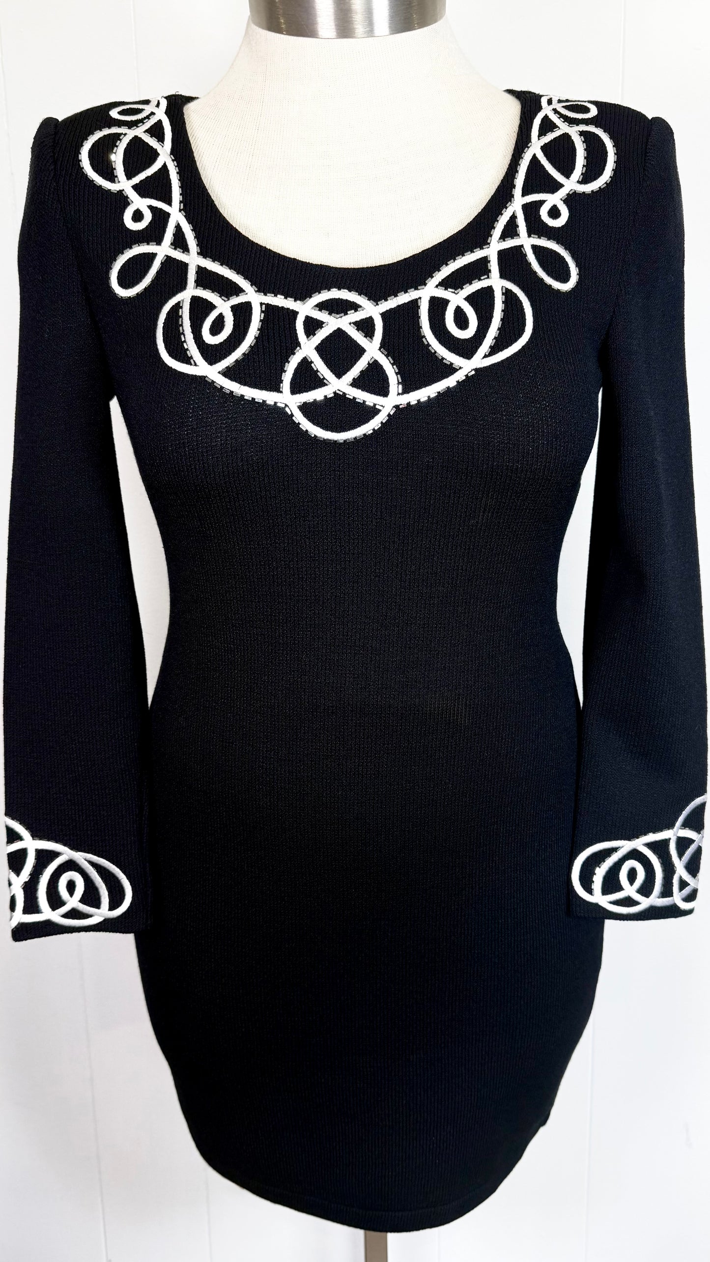 St. John Black Santana Knit Evening Dress – Embroidered Trim & Silver Paillettes – Size 4
