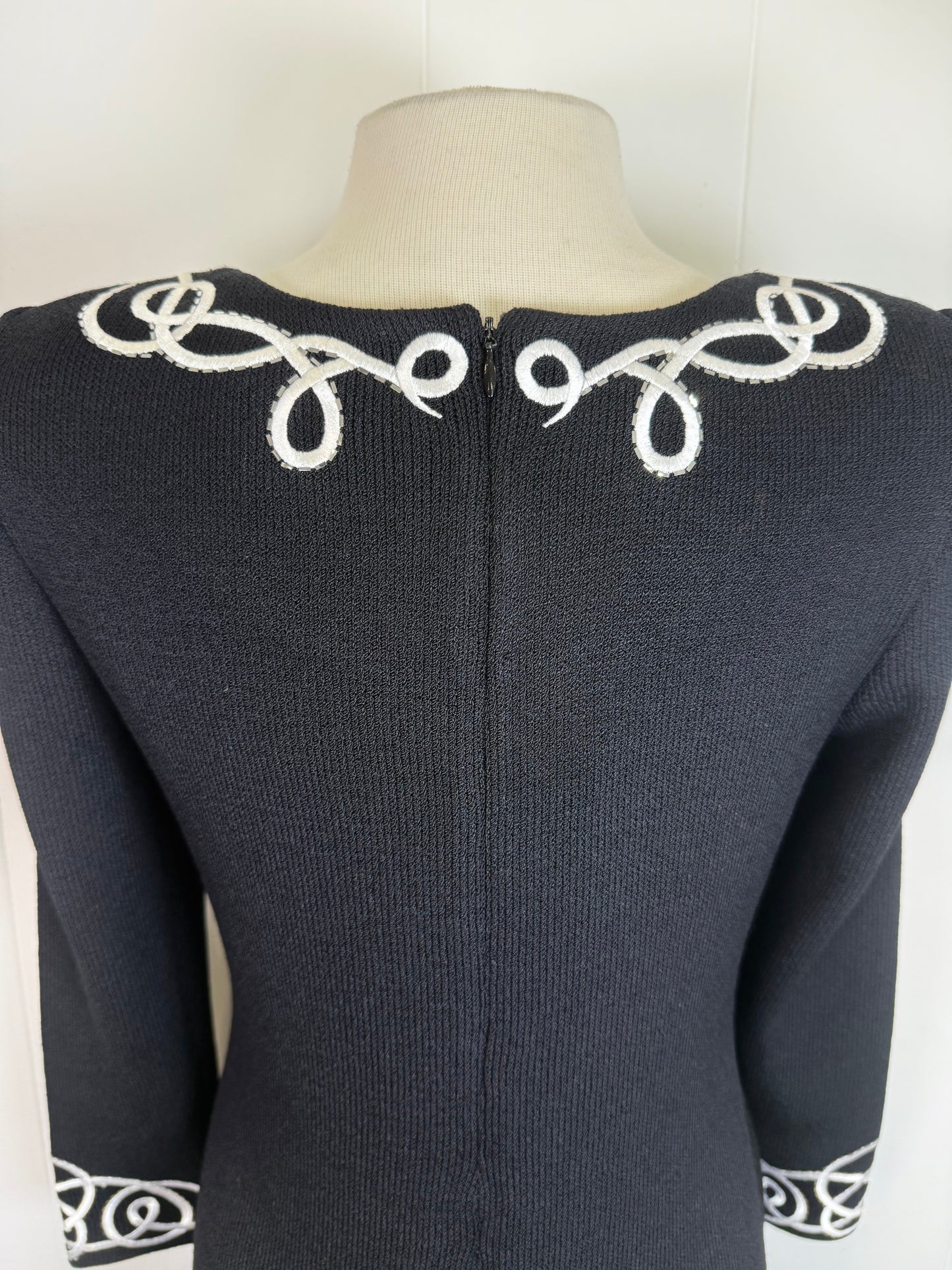 St. John Black Santana Knit Evening Dress – Embroidered Trim & Silver Paillettes – Size 4