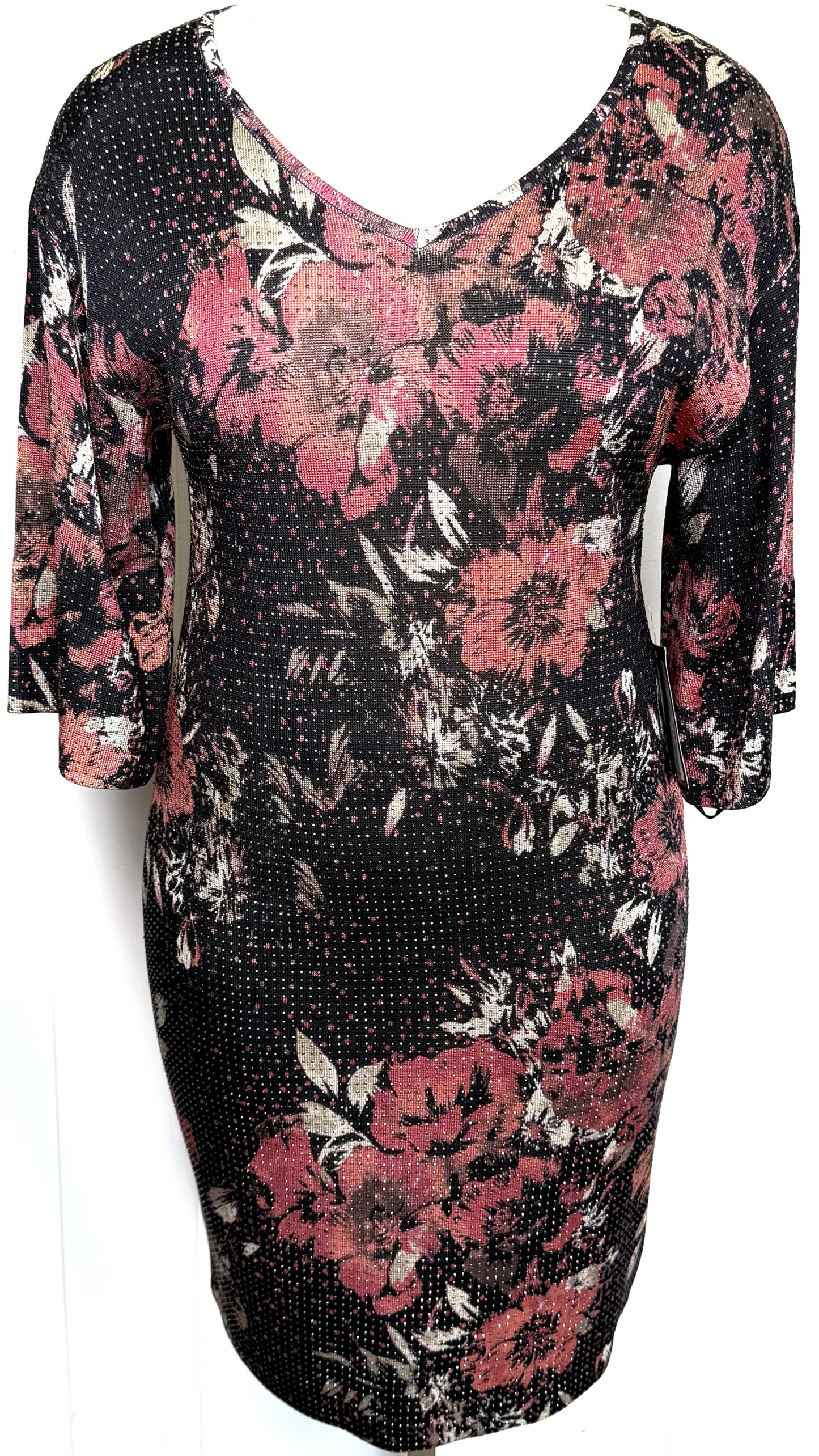 St. John Black & Pink Floral Knit Evening Dress – Paillette Detail – Size 6