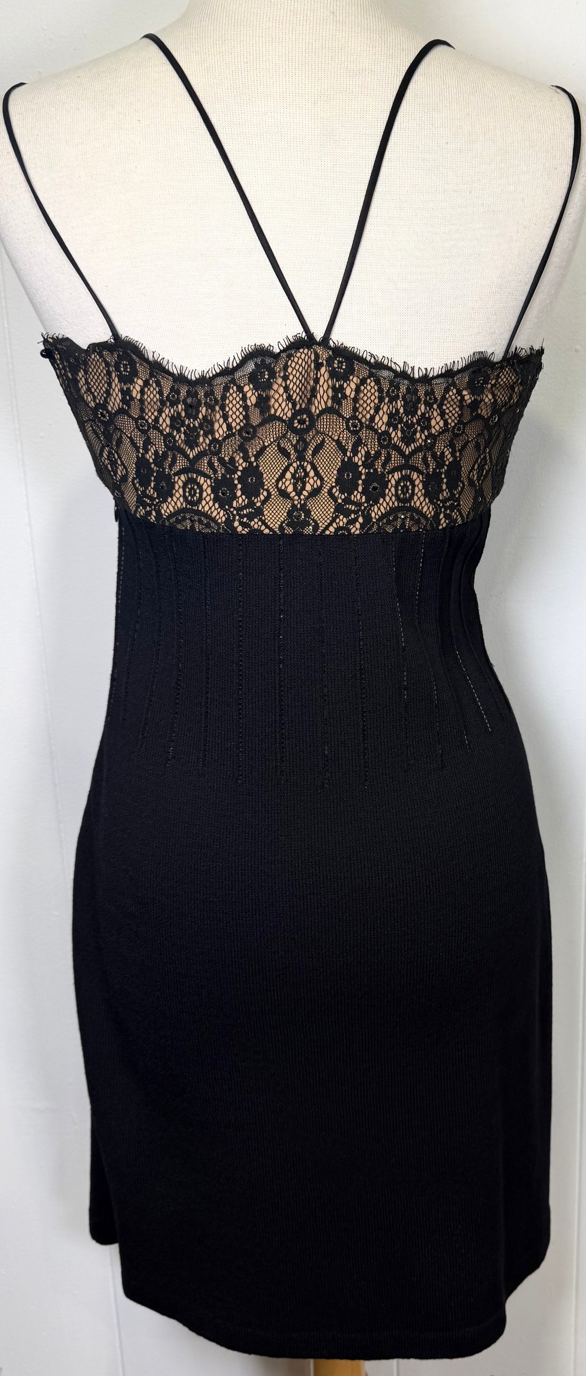 St. John Black Santana Knit Evening Dress – Lace Bodice & Paillette Detail – NWT
