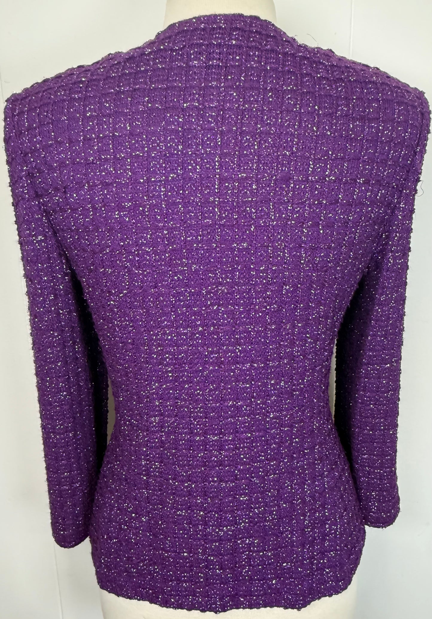 St. John Purple Textured Santana Knit Jacket – Metallic Yarn & Black Crystal Details - Size 8