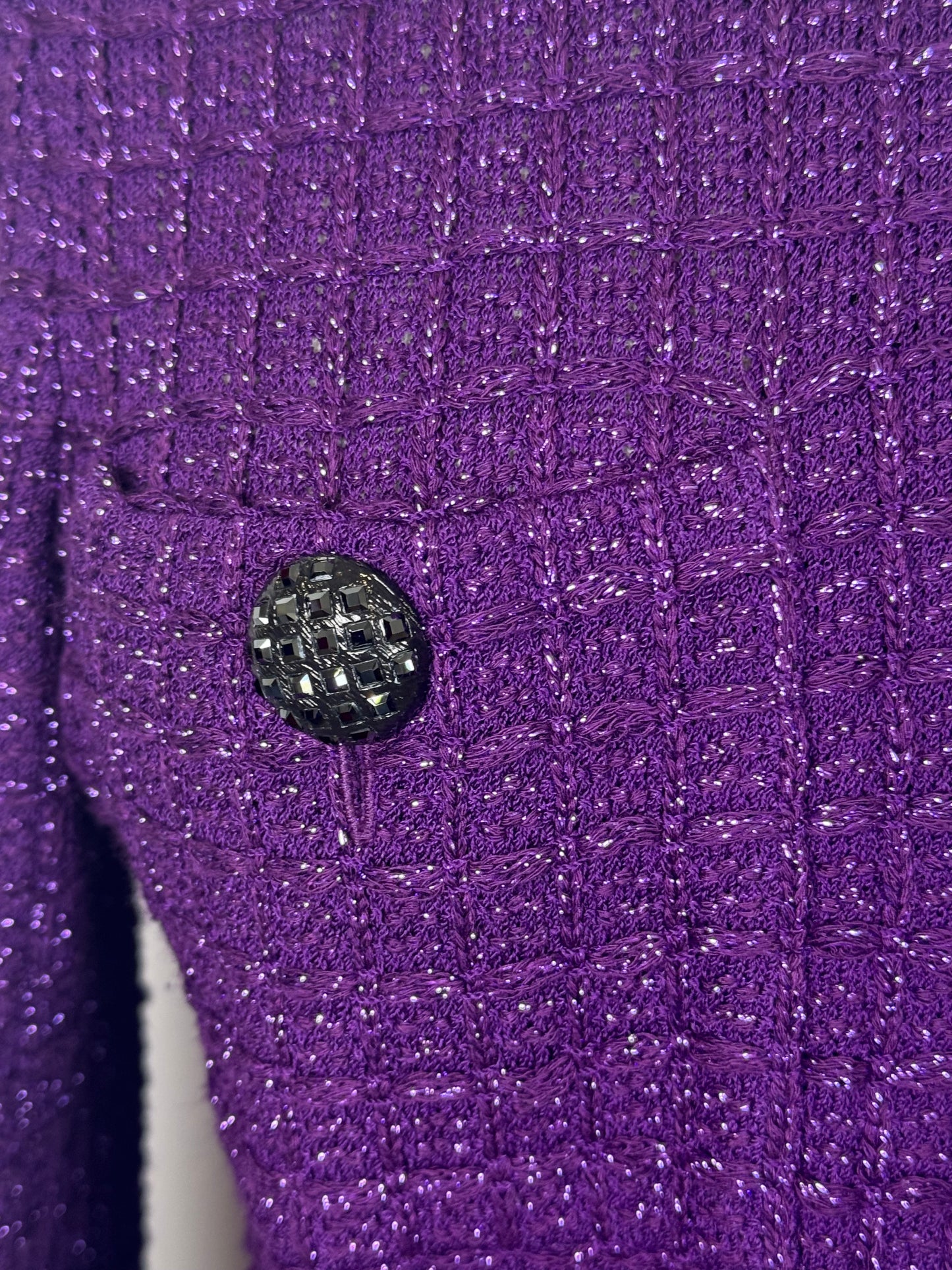 St. John Purple Textured Santana Knit Jacket – Metallic Yarn & Black Crystal Details - Size 8