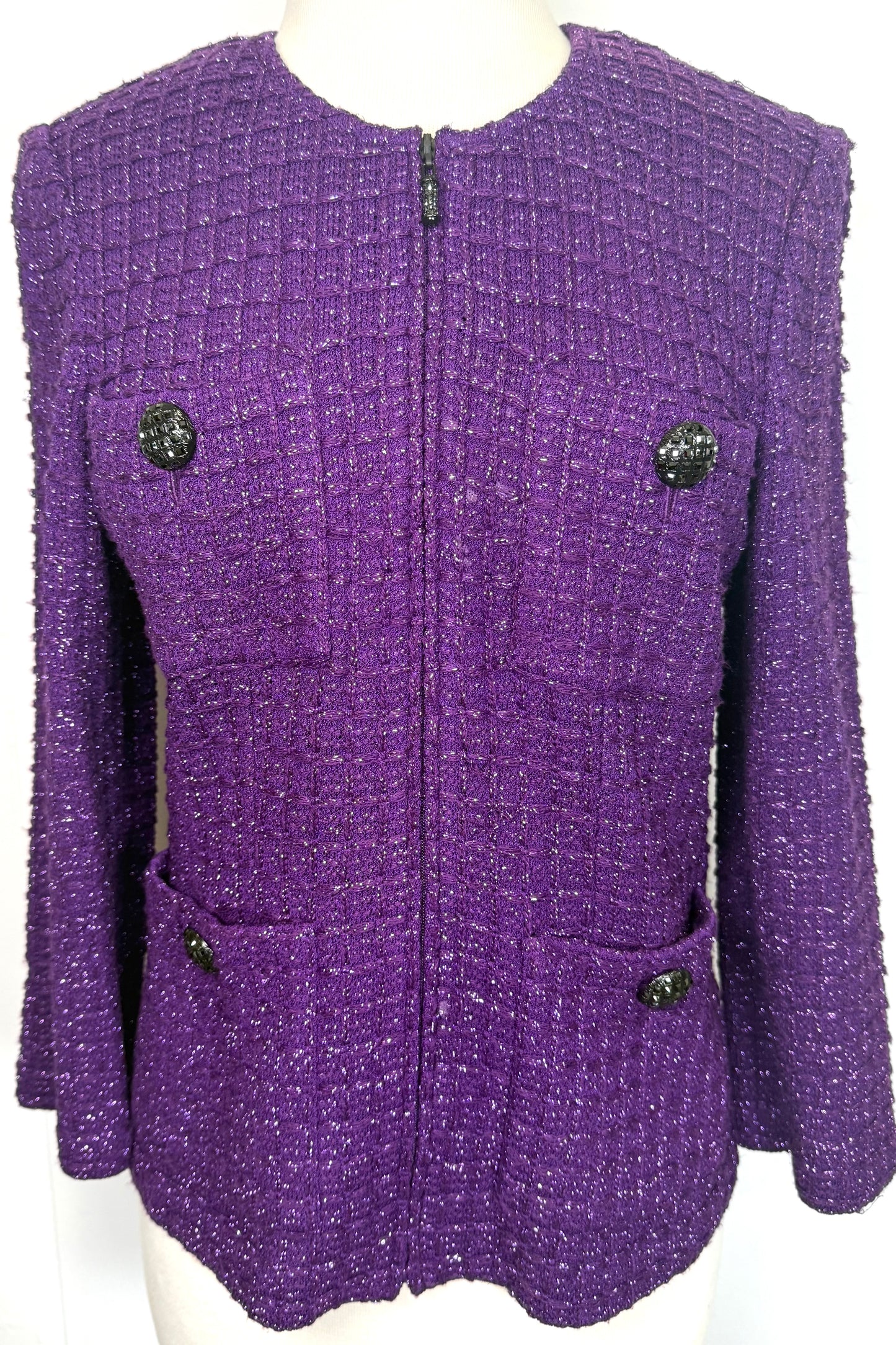 St. John Purple Textured Santana Knit Jacket – Metallic Yarn & Black Crystal Details - Size 8