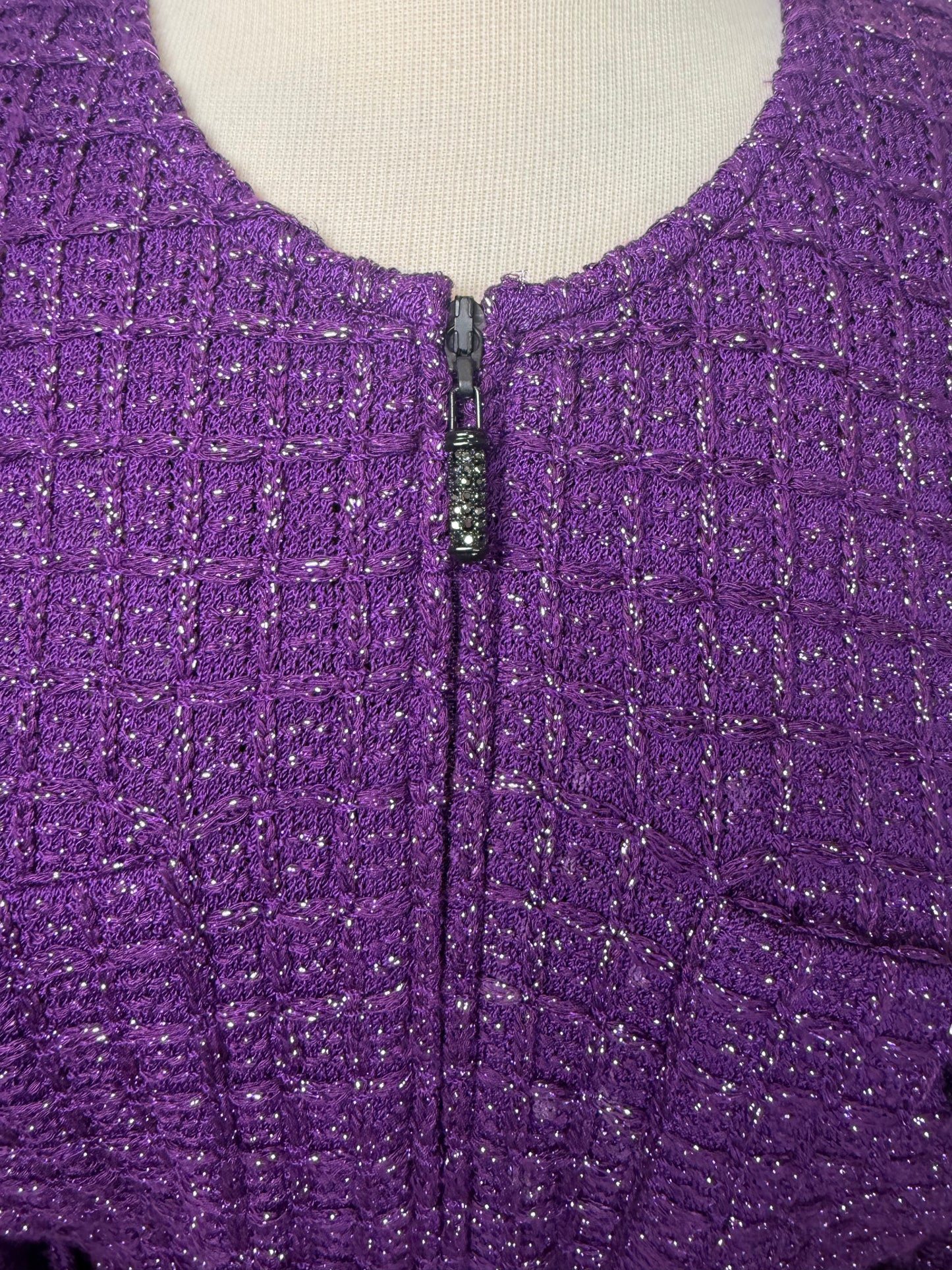 St. John Purple Textured Santana Knit Jacket – Metallic Yarn & Black Crystal Details - Size 8