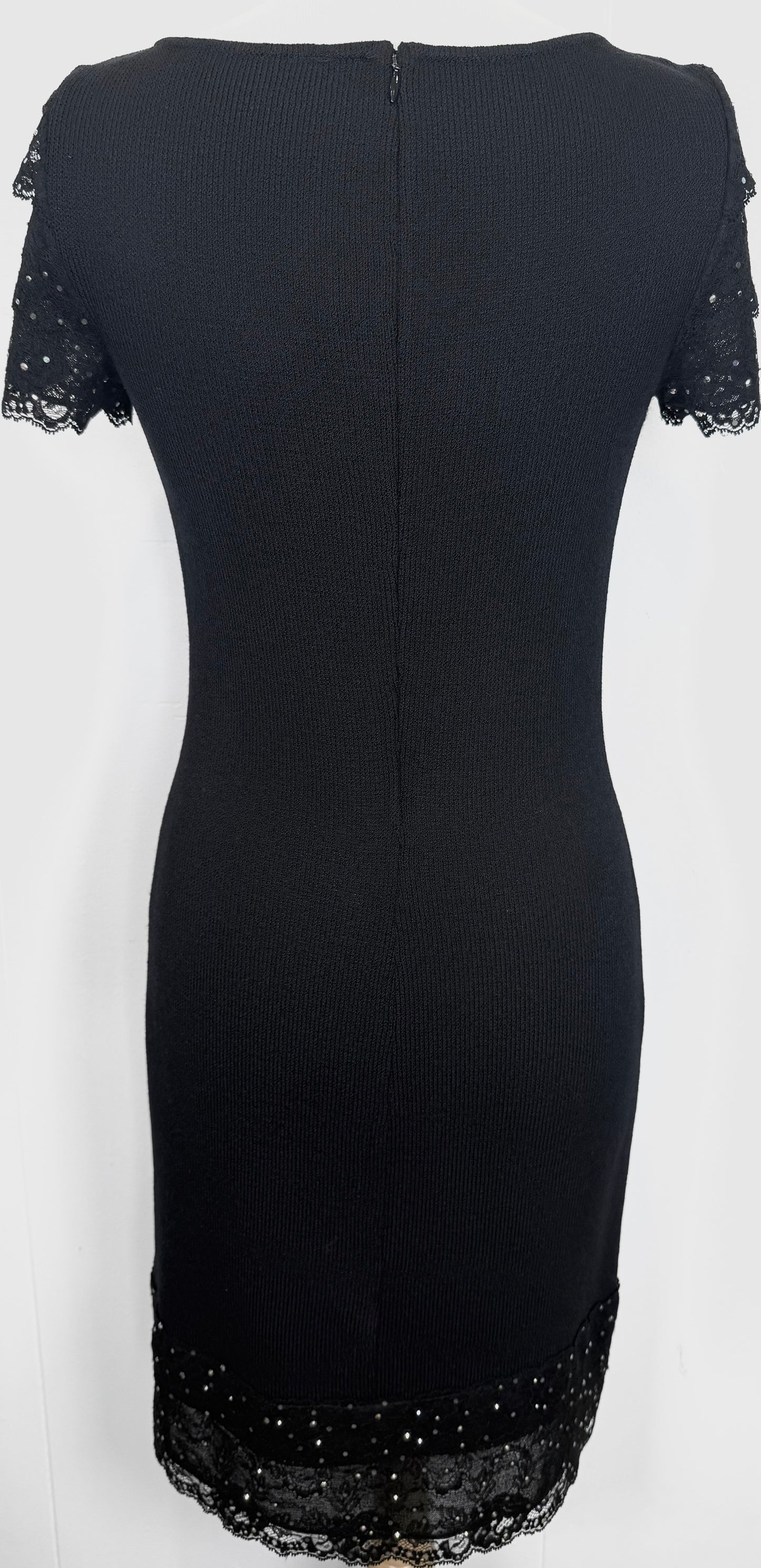 St. John Black Santana Knit Dress – Lace & Multicolor Paillette Detail – Size 4