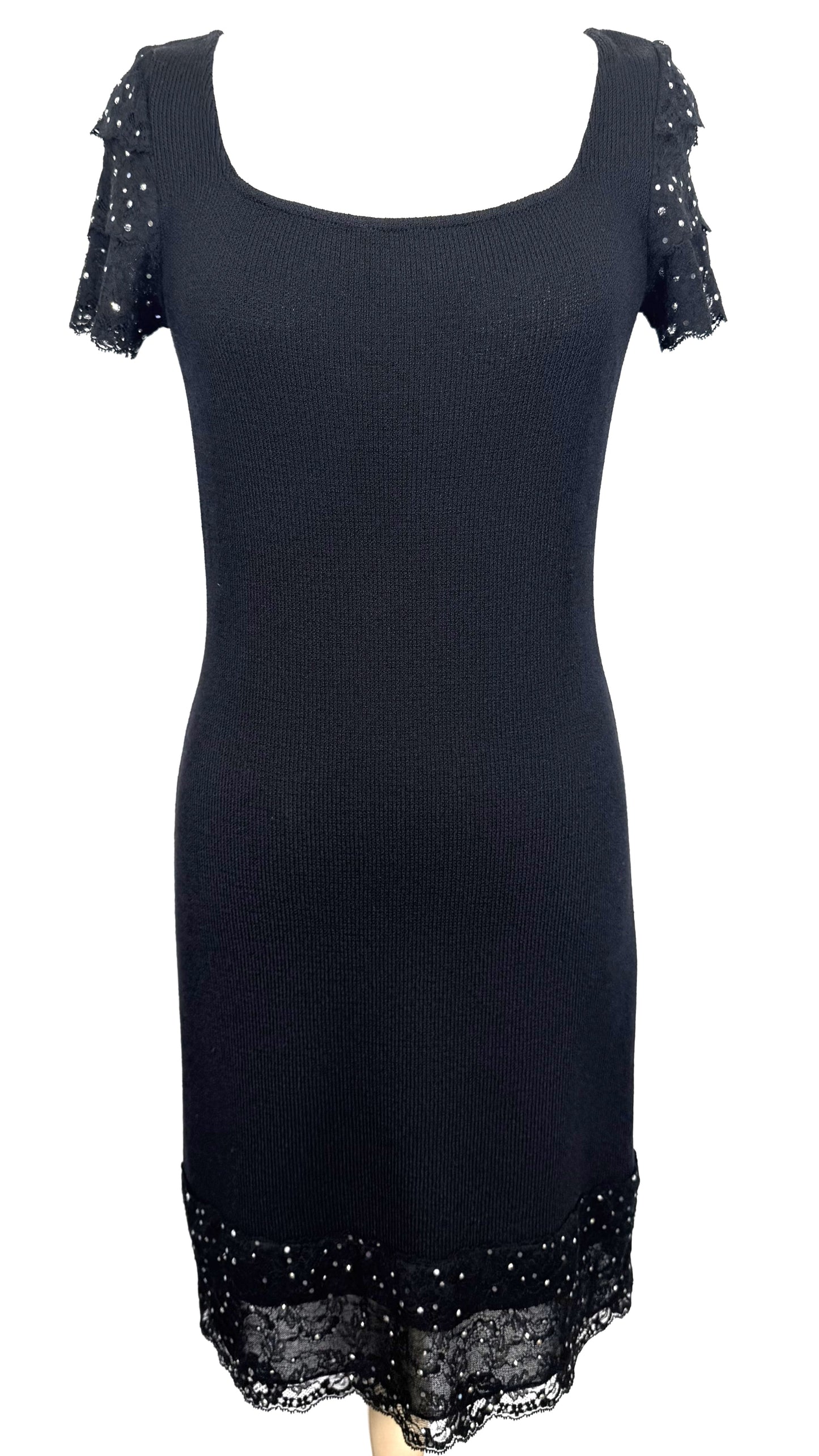 St. John Black Santana Knit Dress – Lace & Multicolor Paillette Detail – Size 4