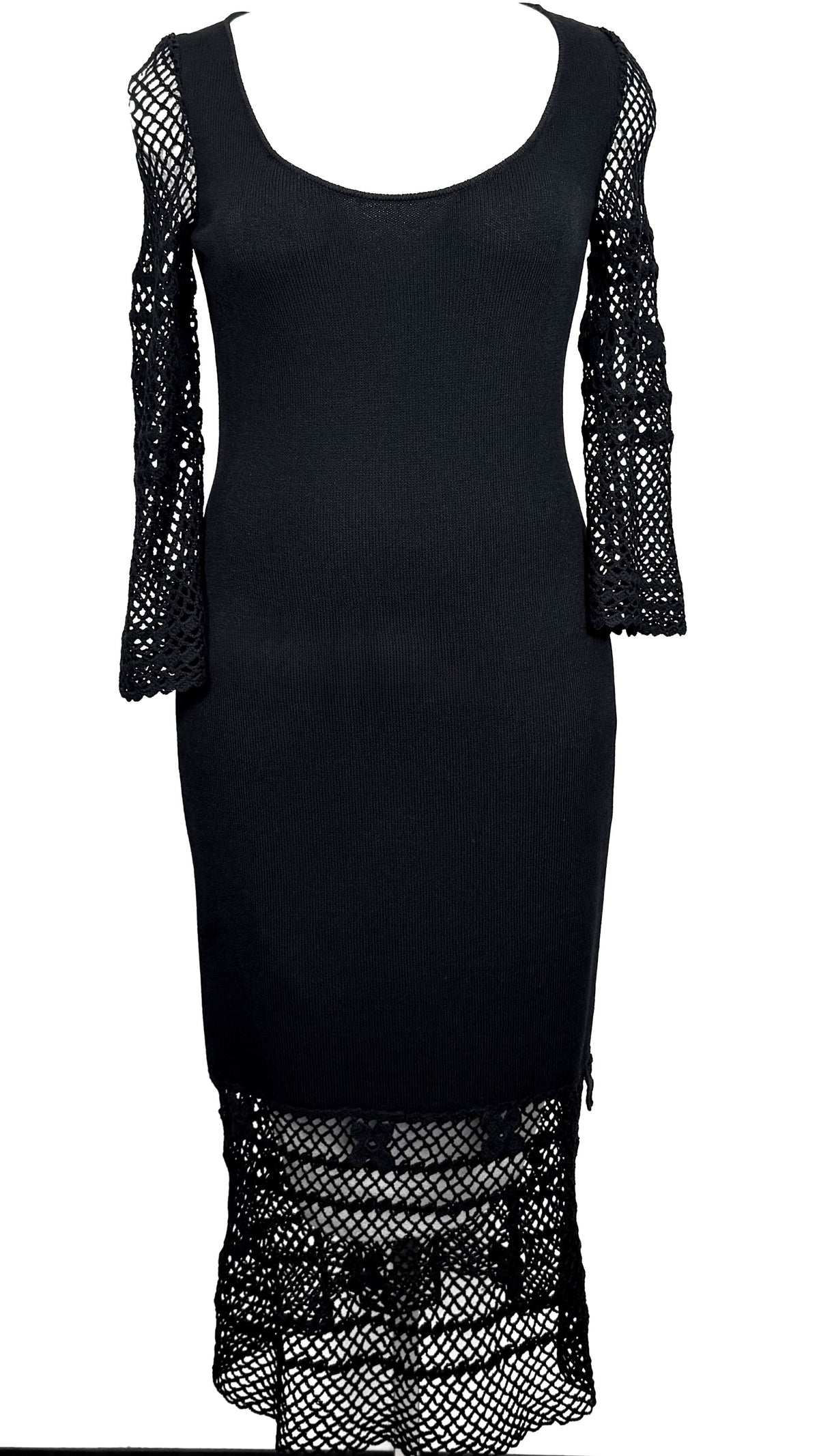 St. John Black Santana Knit Long Dress – Open Stitch Detail – Size 10