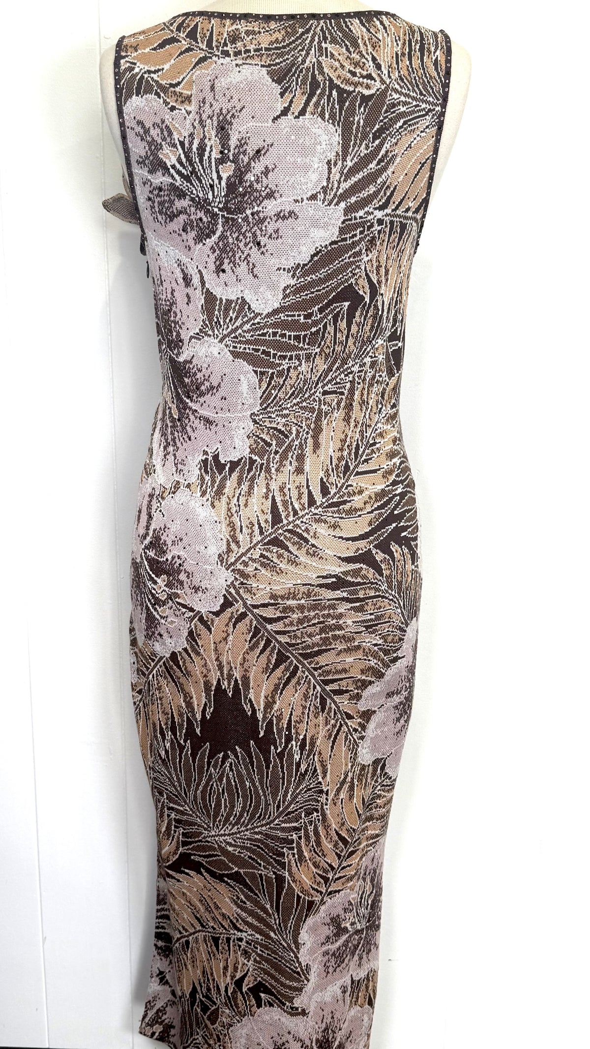 St. John Brown & Pink Floral Print Long Dress – Paillettes & Knitted Flower Detail – Size 2/4