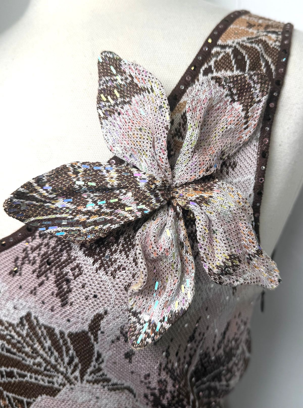 St. John Brown & Pink Floral Print Long Dress – Paillettes & Knitted Flower Detail – Size 2/4