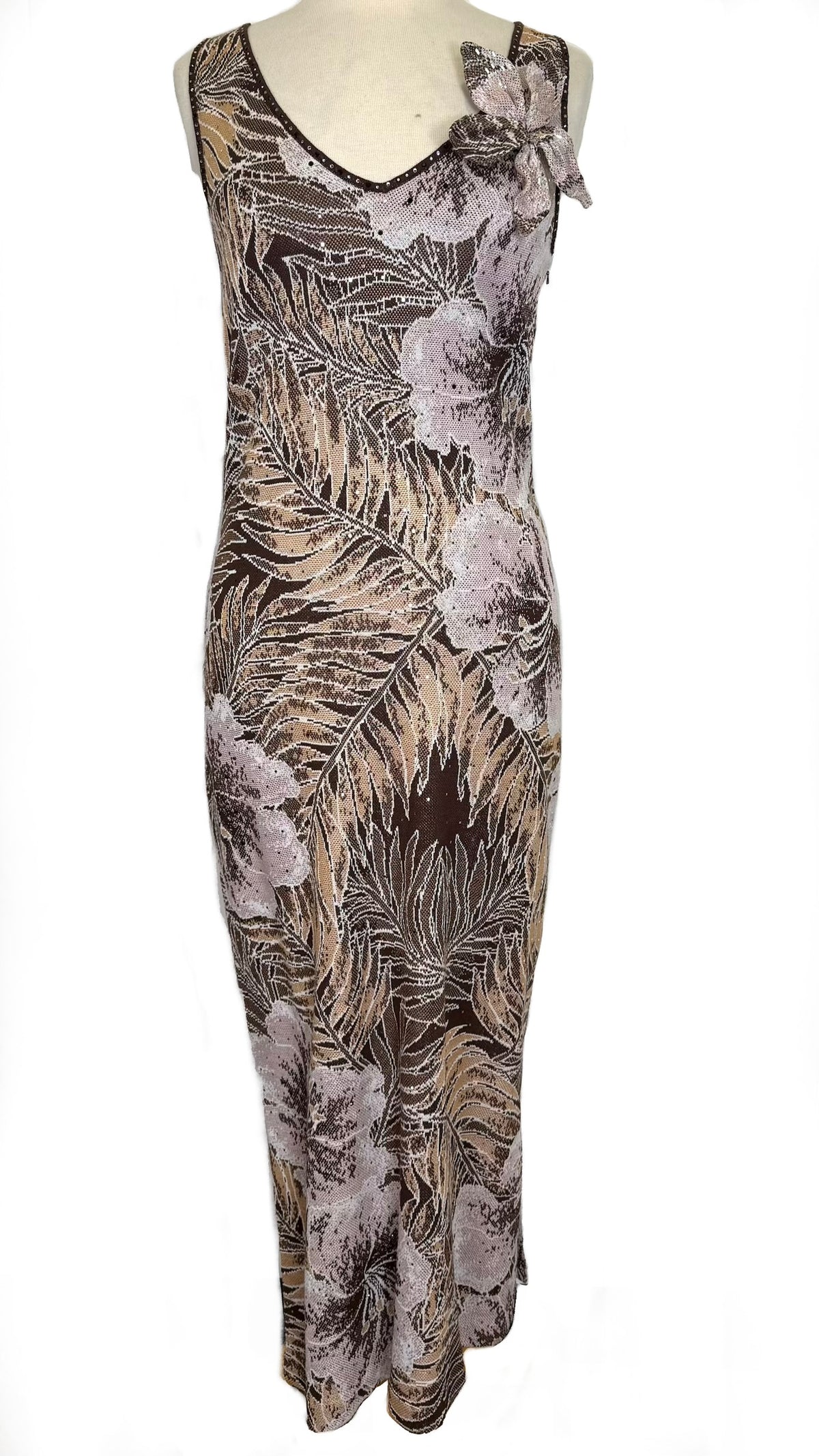 St. John Brown & Pink Floral Print Long Dress – Paillettes & Knitted Flower Detail – Size 2/4
