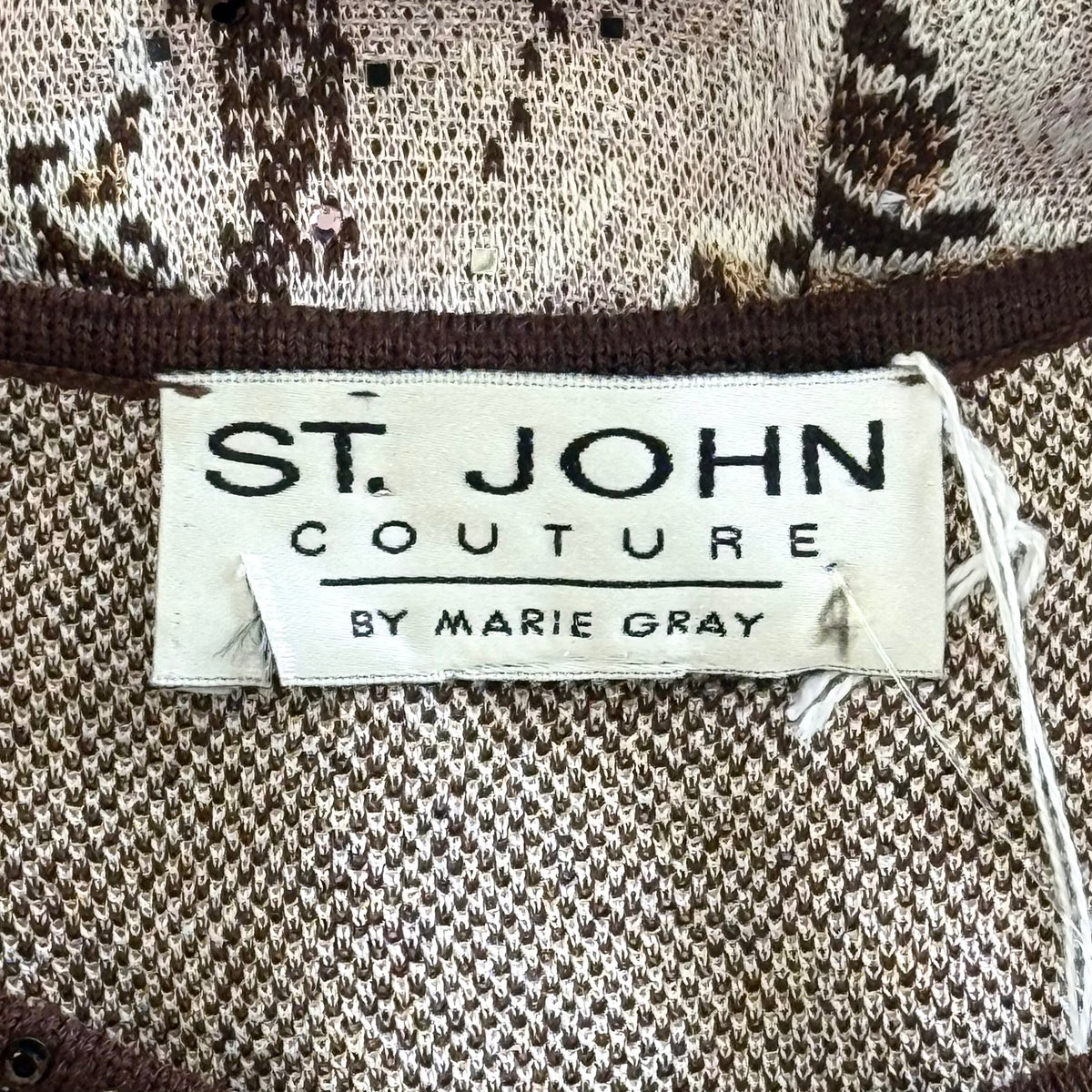 St. John Brown & Pink Floral Print Long Dress – Paillettes & Knitted Flower Detail – Size 2/4