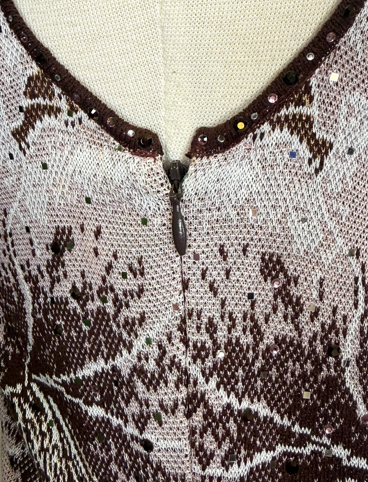 St. John Brown & Pink Floral Print Long Dress – Paillettes & Knitted Flower Detail – Size 2/4