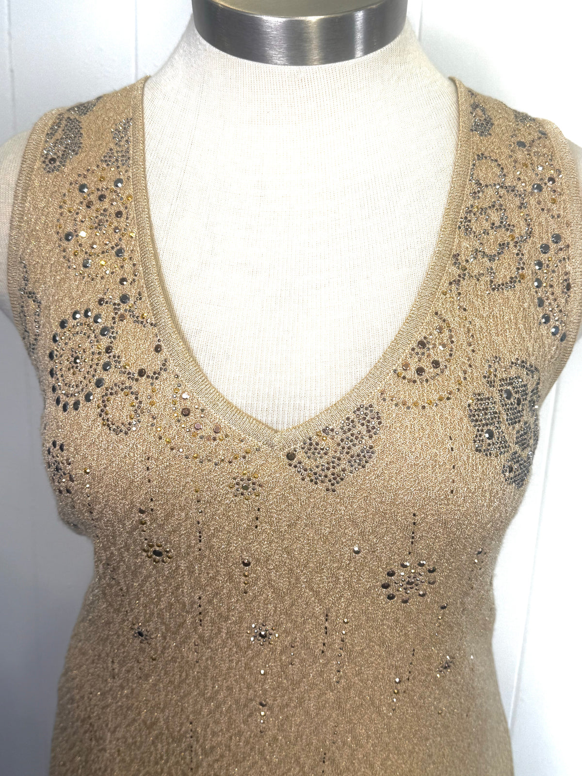 St. John Gold Textured Knit Evening Dress – Gold & Silver Paillettes – Size 14