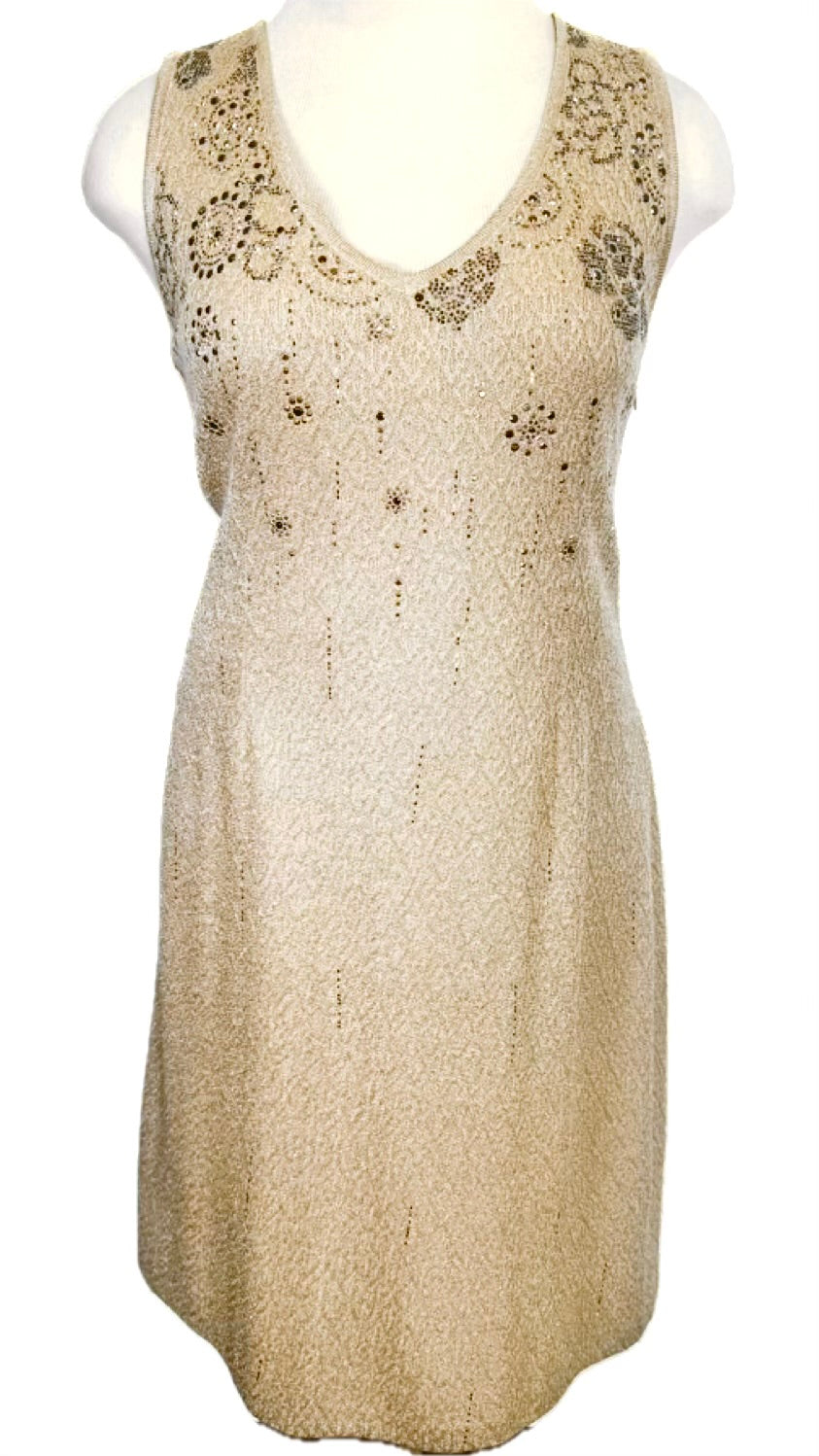 St. John Gold Textured Knit Evening Dress – Gold & Silver Paillettes – Size 14