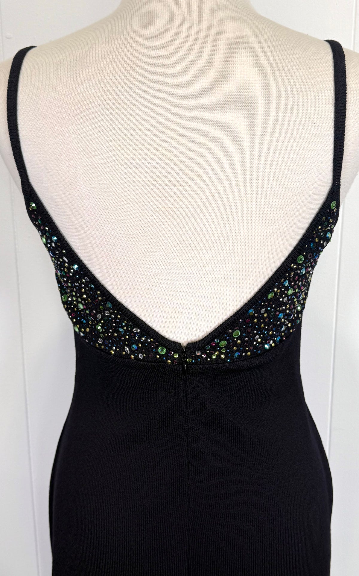 St. John Black Santana Knit Long Dress – Green Paillettes & Low Back – Size 8