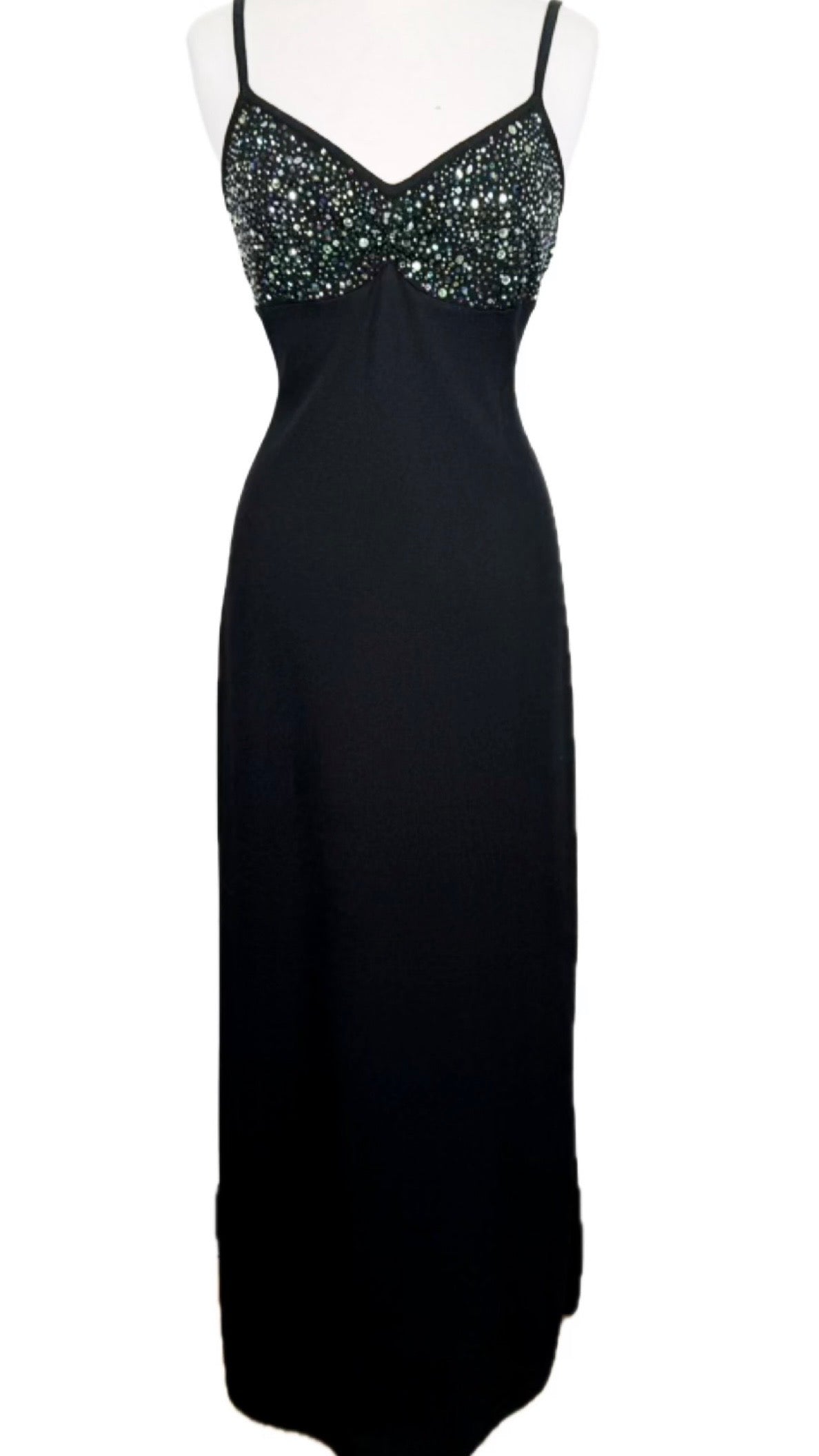 St. John Black Santana Knit Long Dress – Green Paillettes & Low Back – Size 8
