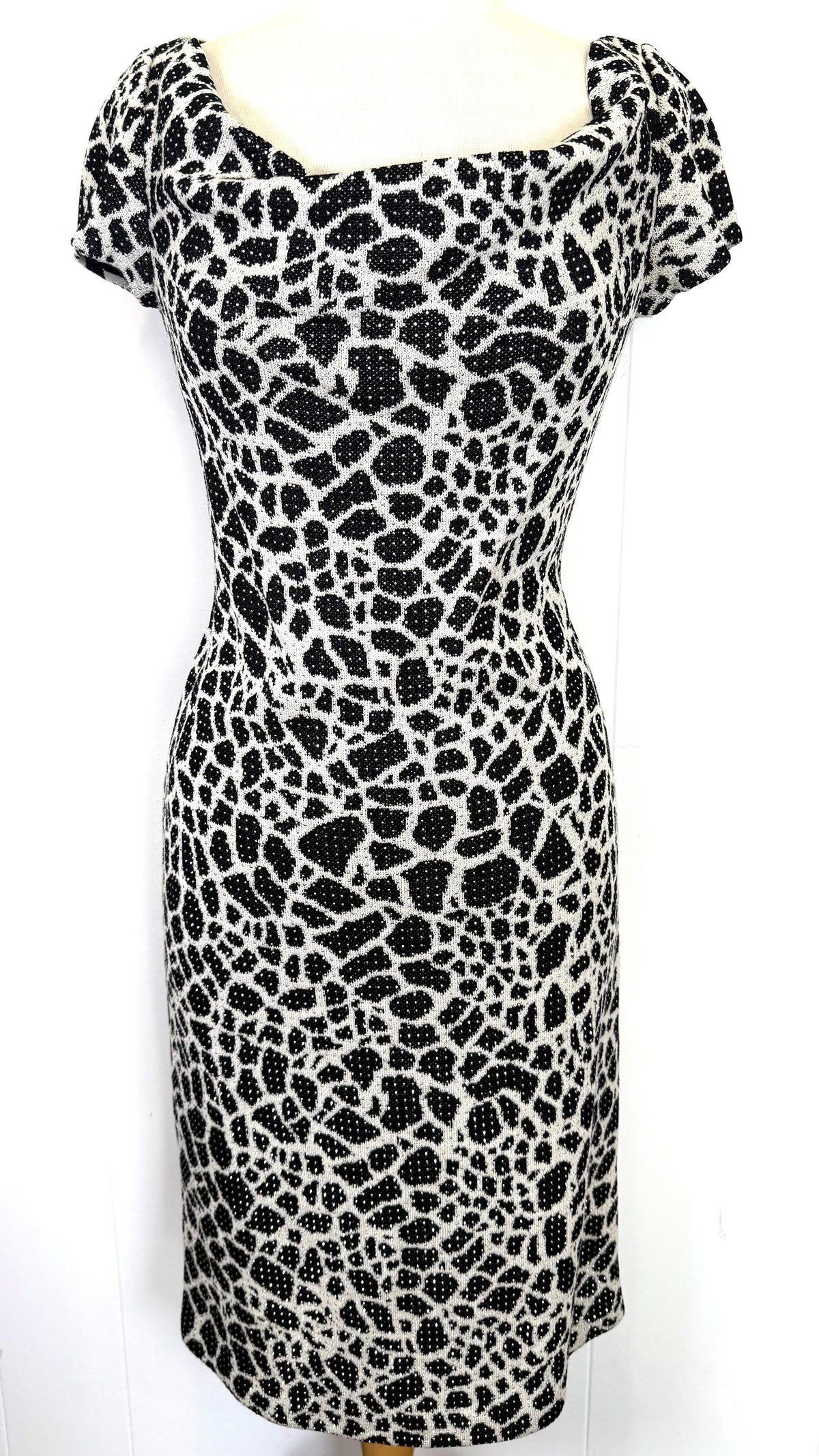 St. John Black & White Print Dress – Silver Paillettes – Size 2